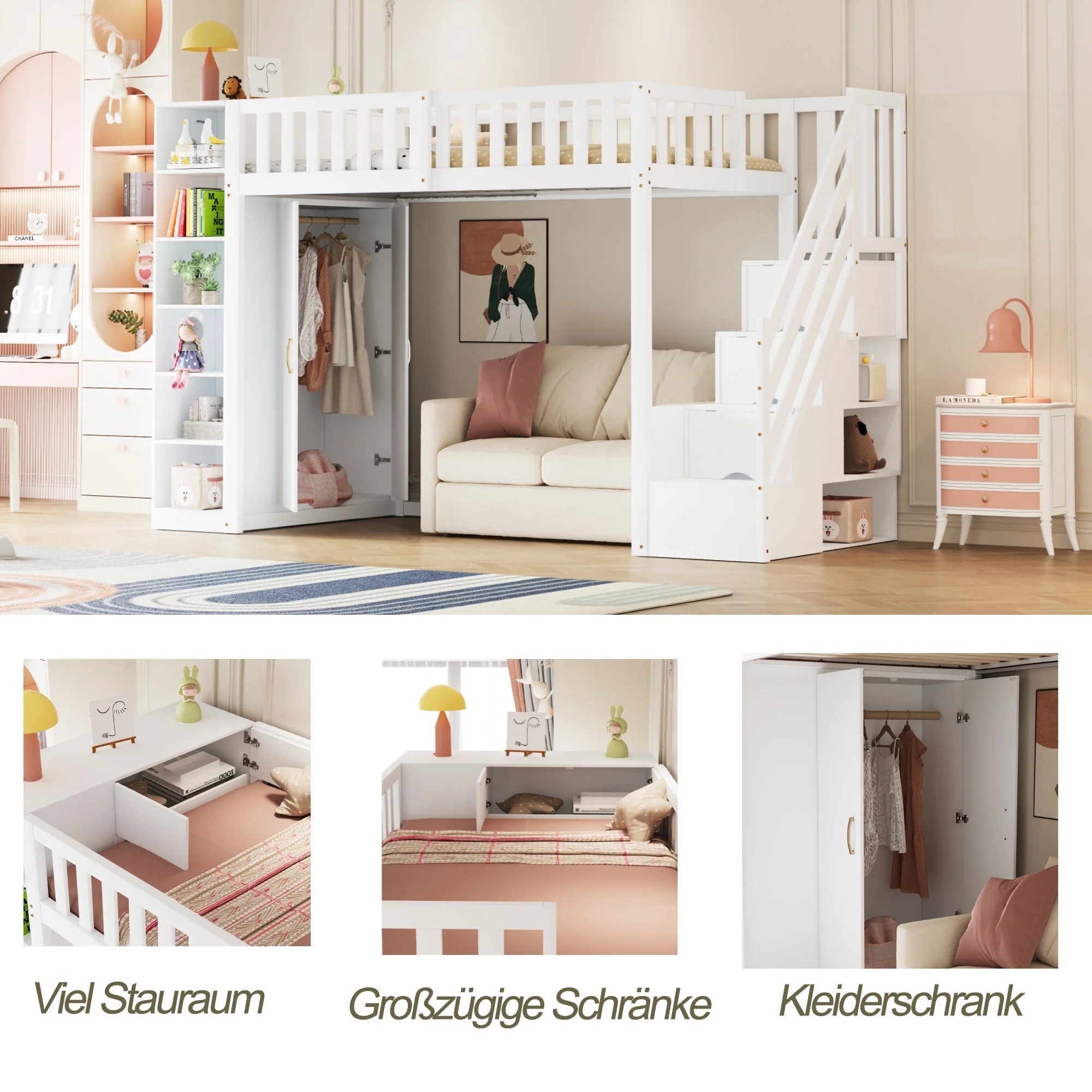 Loft Bed 90x200cm with Wardrobe Storage Cabinet Shelves & Ladder - White - Image 4