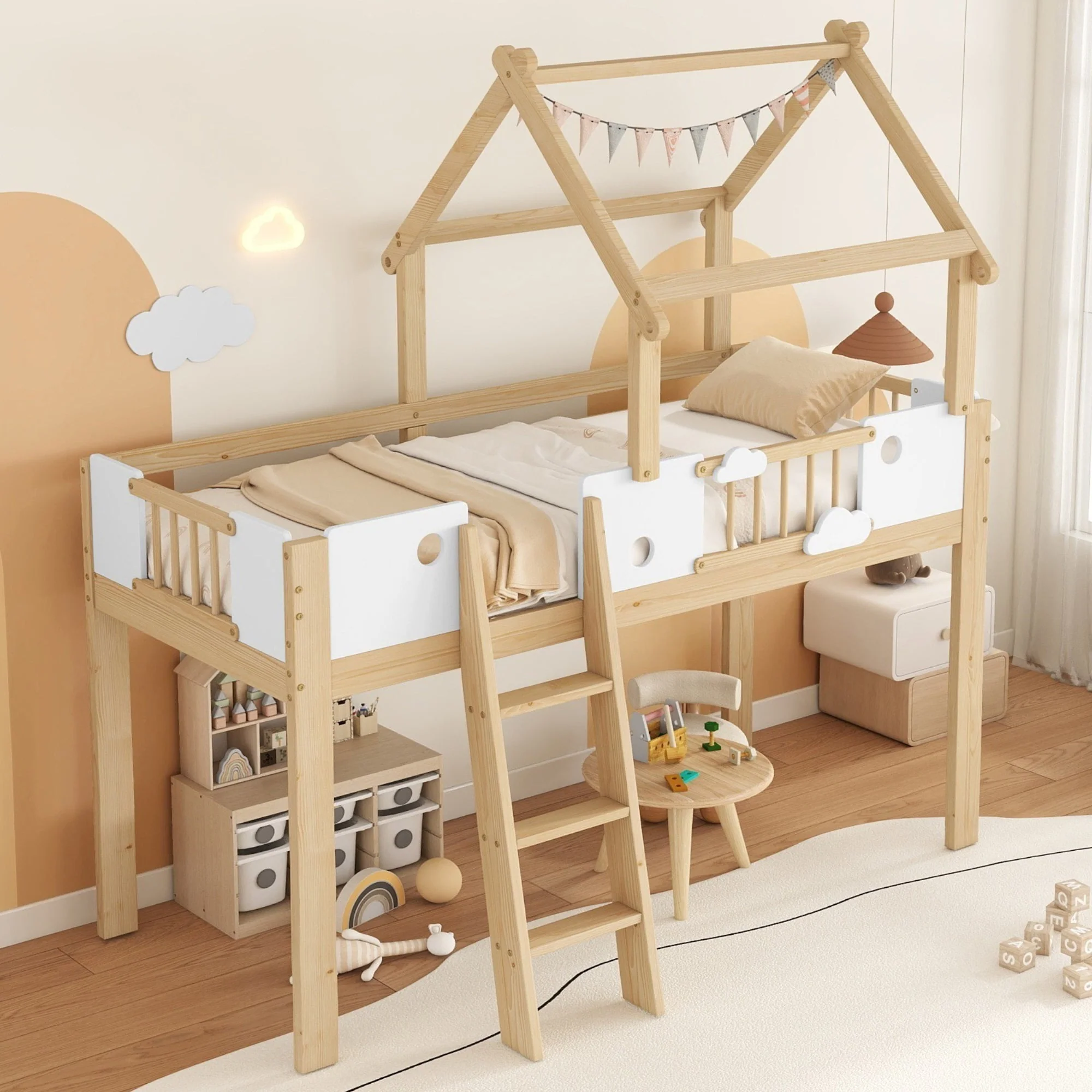 Loft Bed, Children's with Fall Protection & Rails, Roof Design, 3-Step Ladder, Pine+MDF+Plywood, White+Natural - Image 10