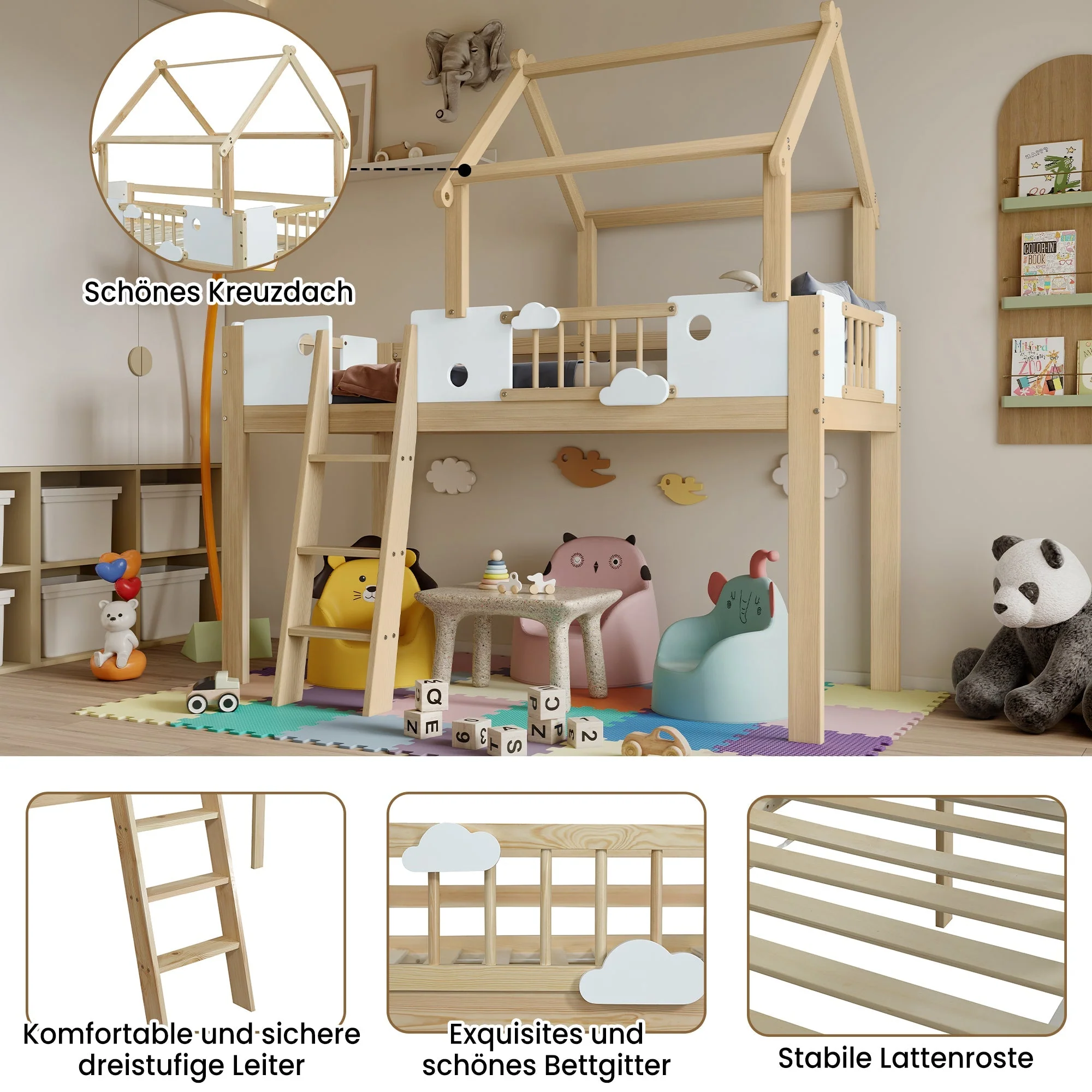 Loft Bed, Children's with Fall Protection & Rails, Roof Design, 3-Step Ladder, Pine+MDF+Plywood, White+Natural - Image 6