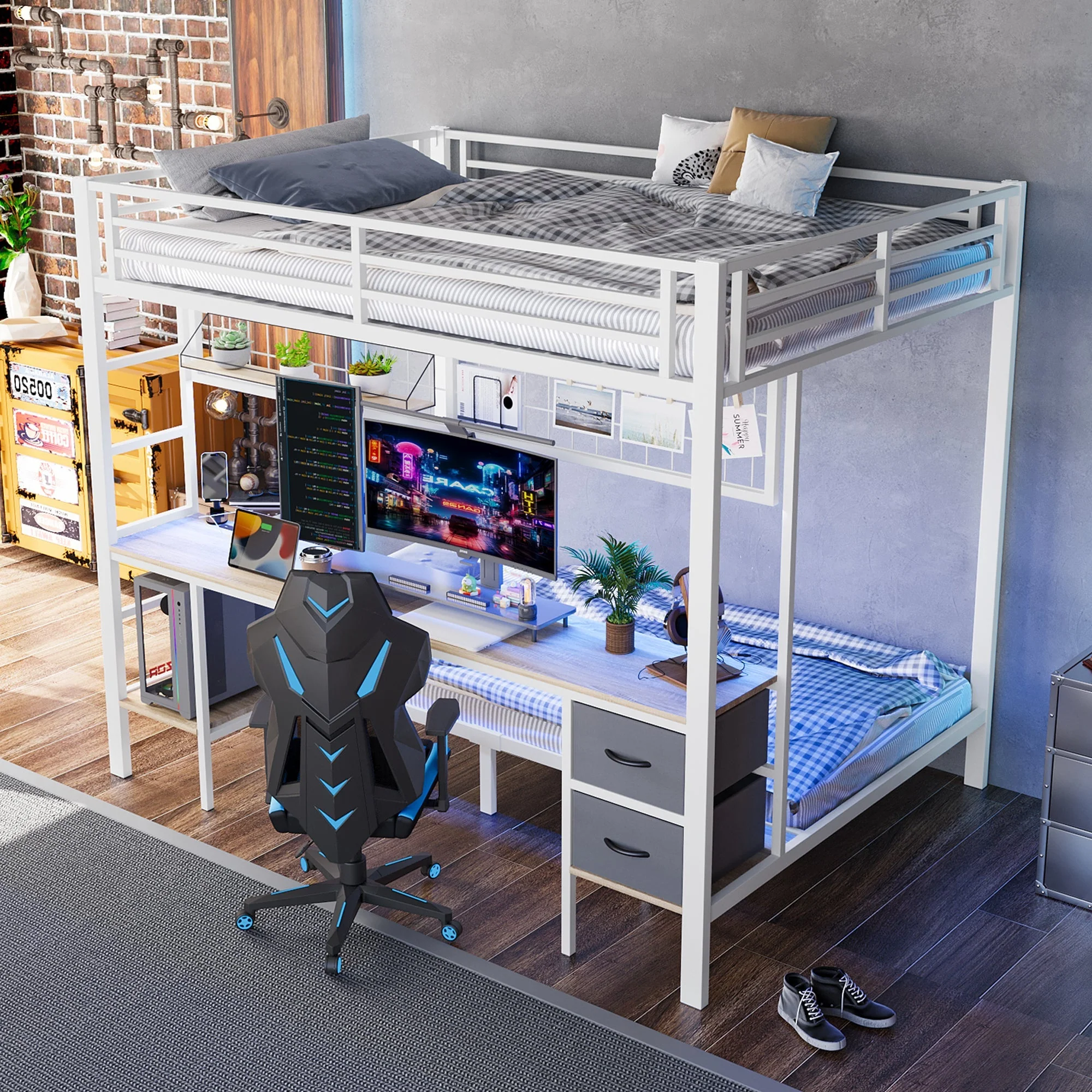 Loft Bed Desk Storage Drawers LED USB - White Iron Frame - Image 7