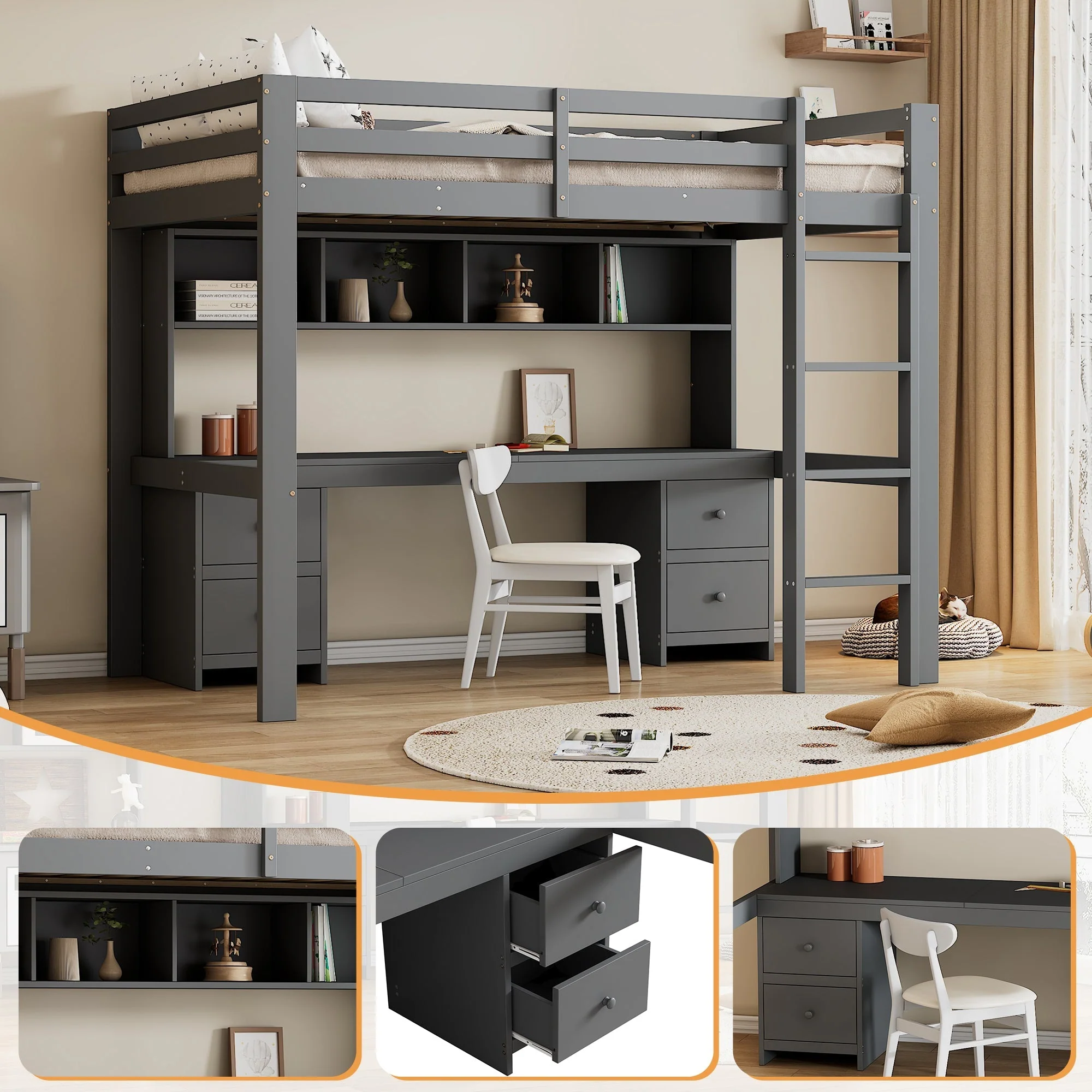 Loft Bed for Children with Desk and Storage, 90x200 cm, Grey - Image 6