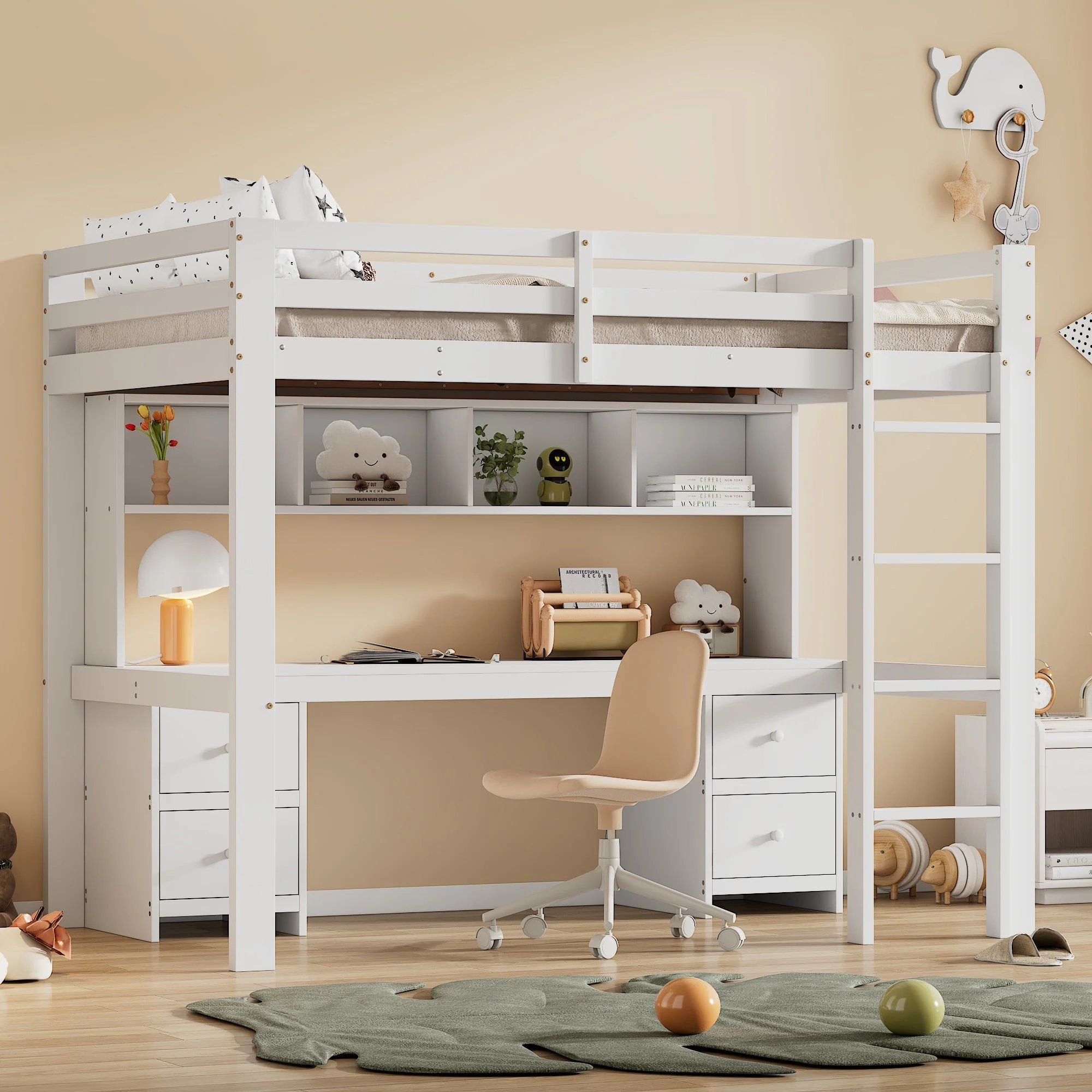 Loft Bed for Children with Desk and Storage, 90x200cm, White Pine Wood - Image 2