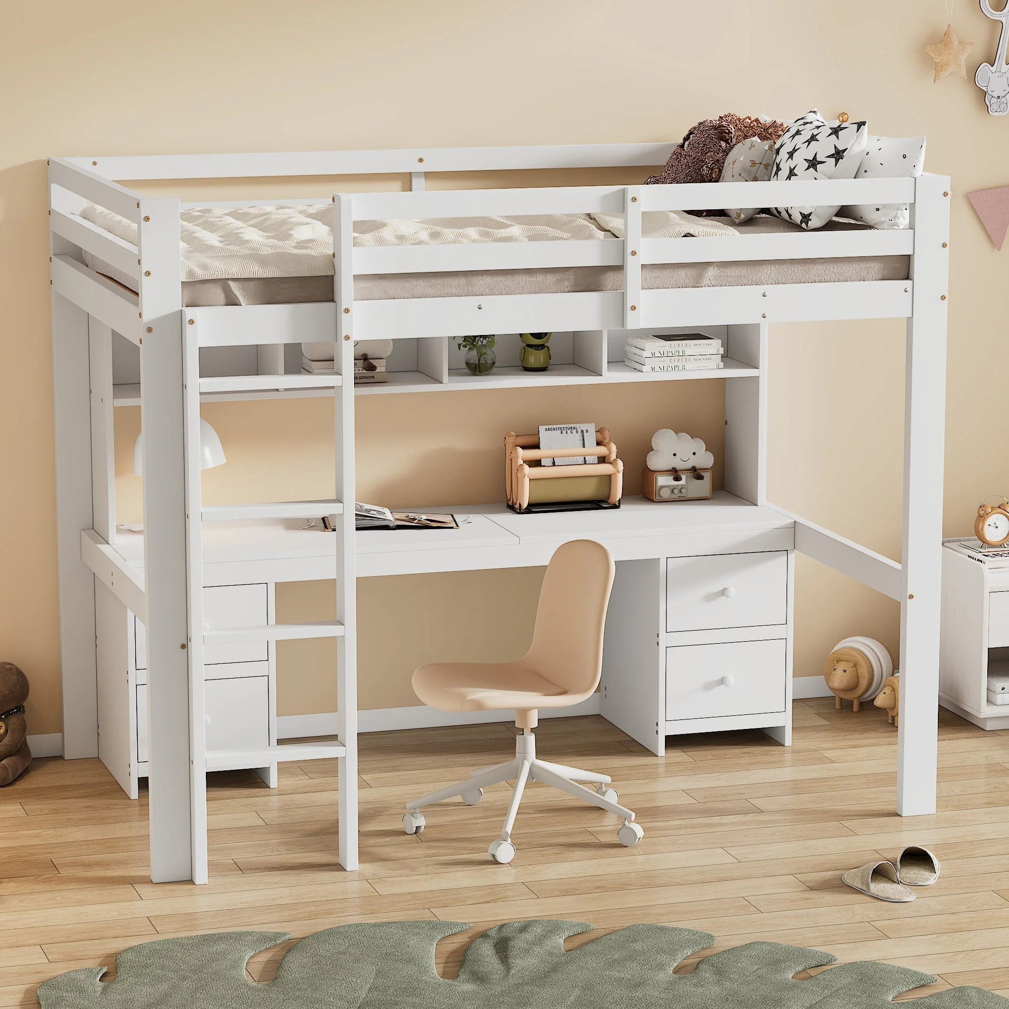 Loft Bed for Children with Desk and Storage, 90x200cm, White Pine Wood - Image 4