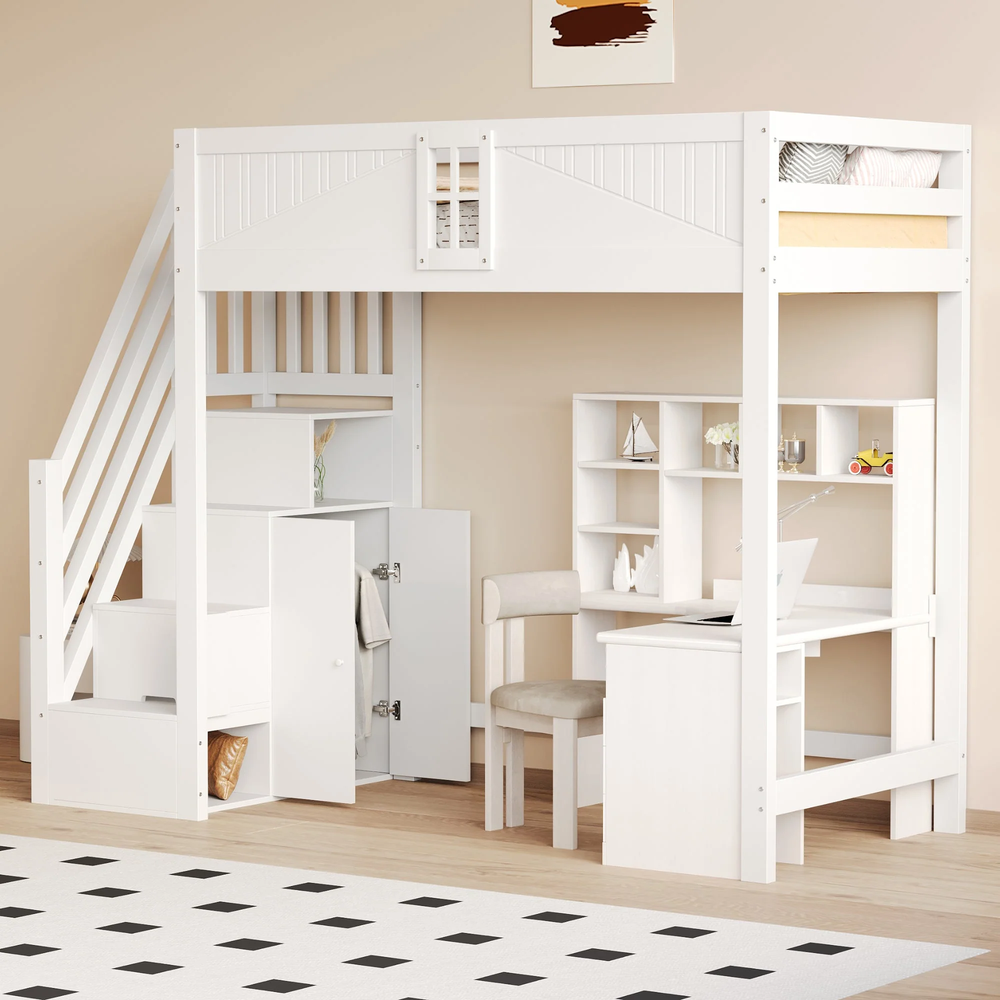 Loft Bed, Multifunctional with Safety Door & Storage, Solid Wood White - Image 2