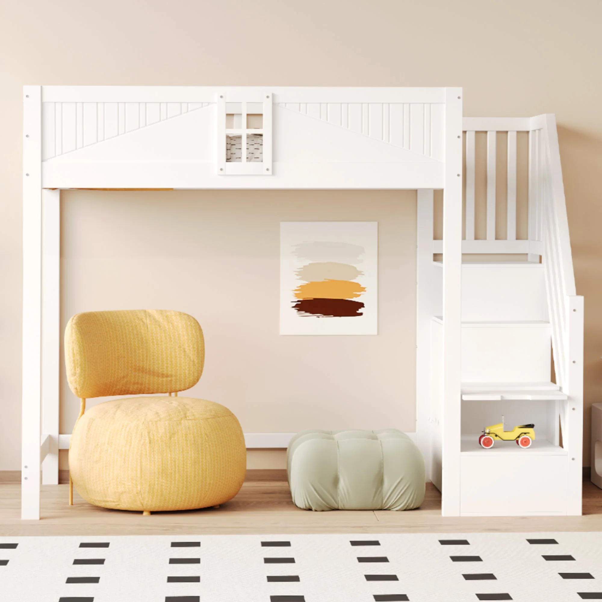 Loft Bed, Multifunctional with Safety Door & Storage, Solid Wood White - Image 3