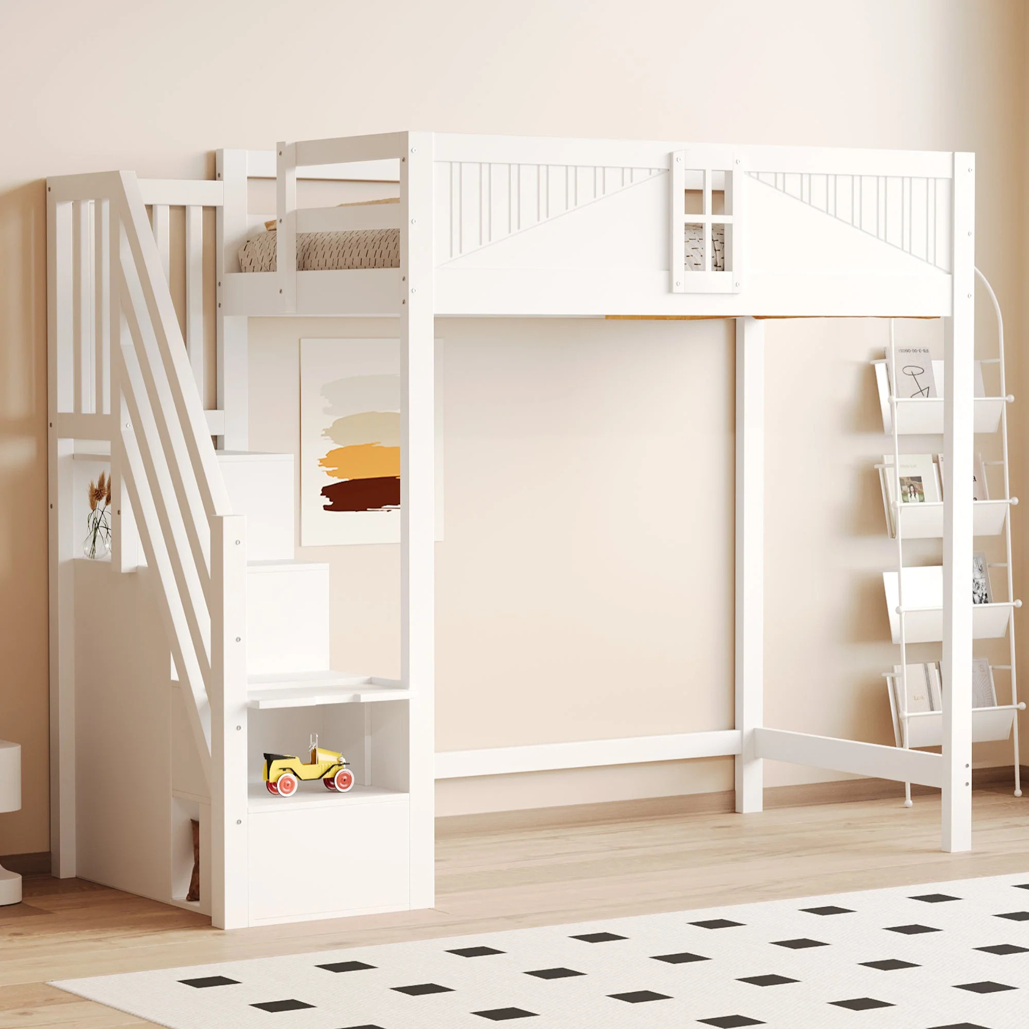 Loft Bed, Multifunctional with Safety Door & Storage, Solid Wood White - Image 4