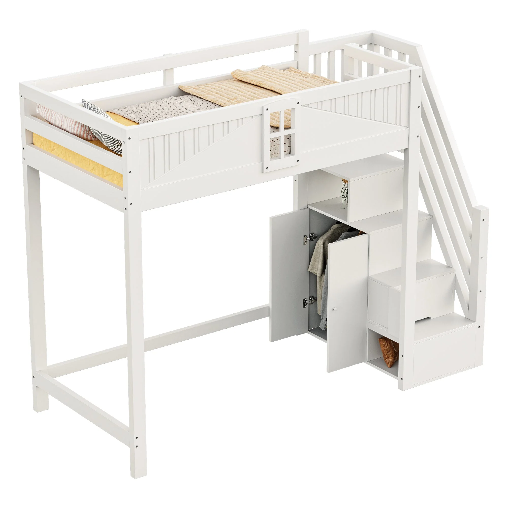 Loft Bed, Multifunctional with Safety Door & Storage, Solid Wood White - Image 9