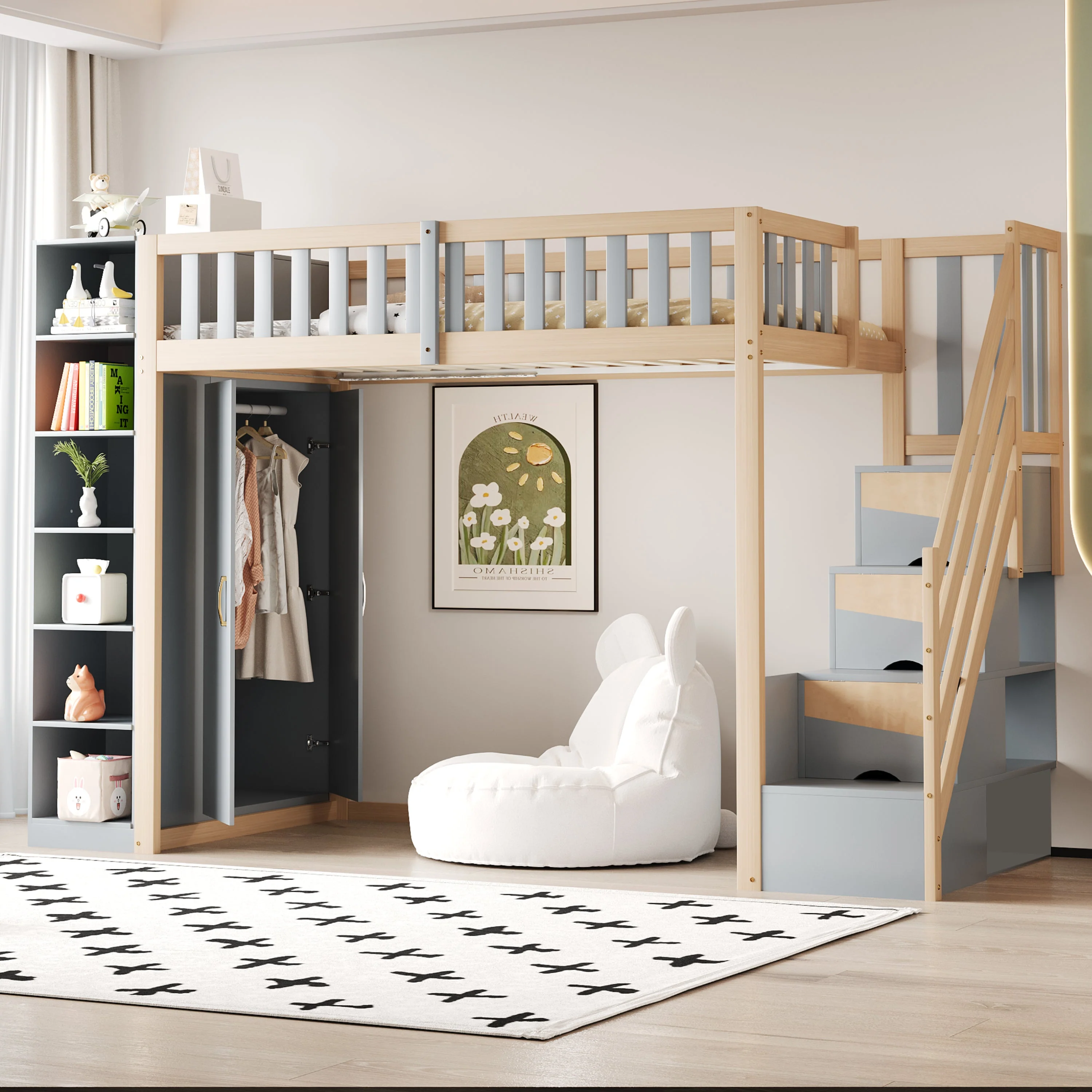Loft Bed, Multifunctional with Shelves, Storage & Wardrobe, Grey + Raw Wood - Image 2