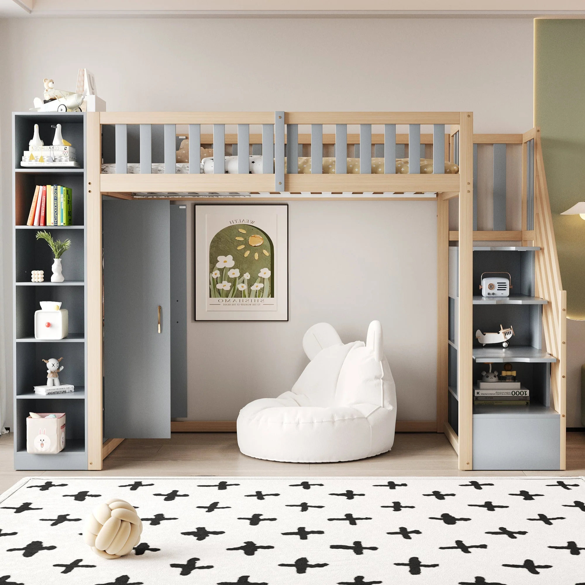 Loft Bed, Multifunctional with Shelves, Storage & Wardrobe, Grey + Raw Wood - Image 3