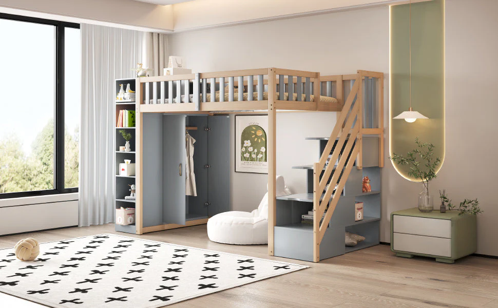 Loft Bed, Multifunctional with Shelves, Storage & Wardrobe, Grey + Raw Wood - Image 8