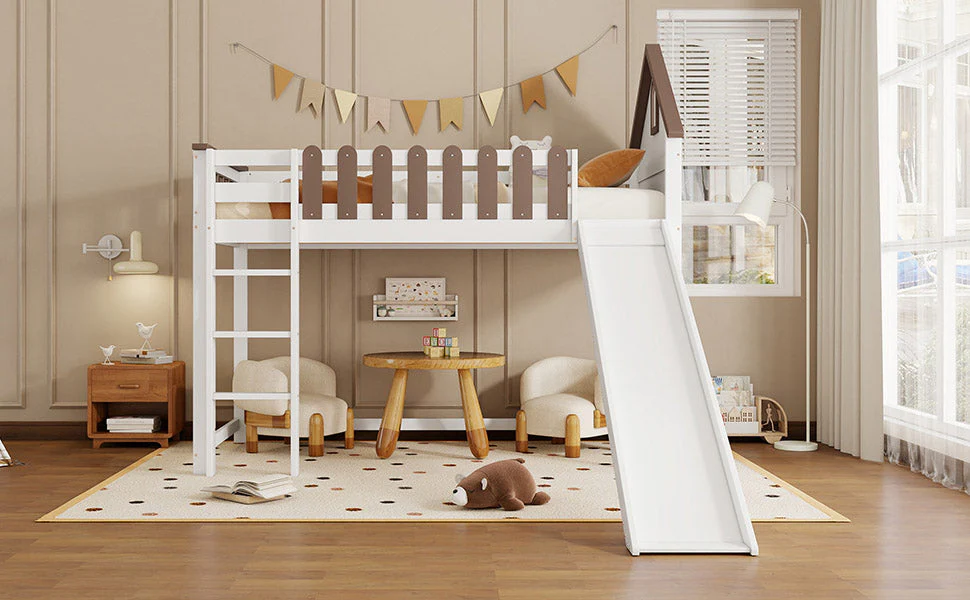 Loft Bed, Roof & Window, 3-Step Ladder, Slide, Pine+MDF, White+Walnut - Image 10