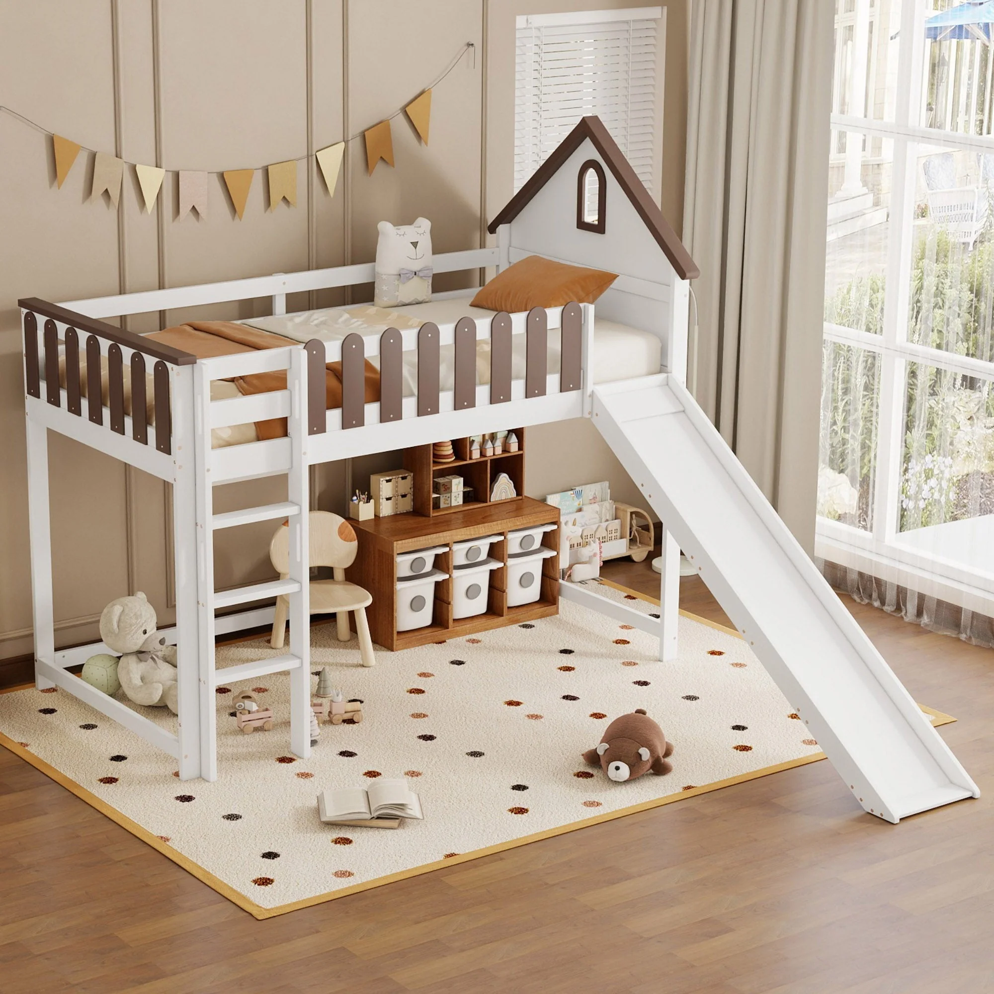 Loft Bed, Roof & Window, 3-Step Ladder, Slide, Pine+MDF, White+Walnut - Image 2