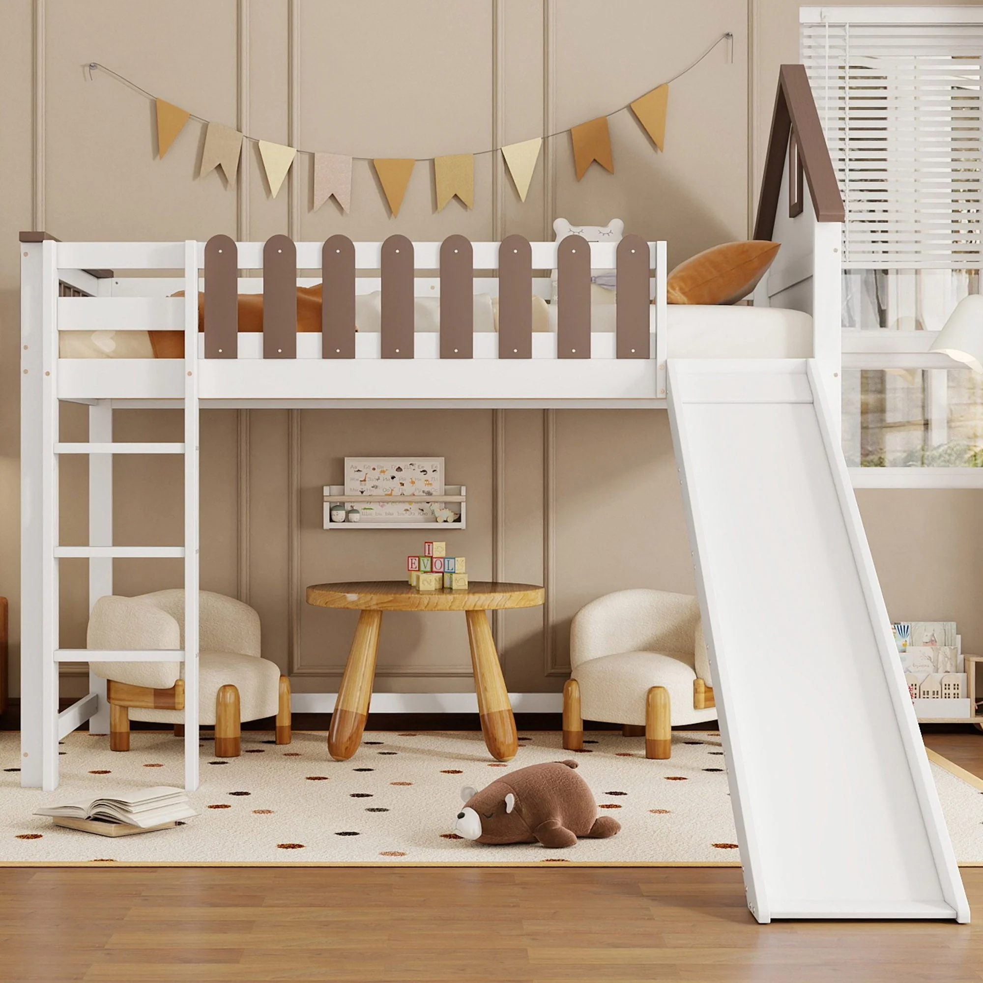 Loft Bed, Roof & Window, 3-Step Ladder, Slide, Pine+MDF, White+Walnut - Image 3