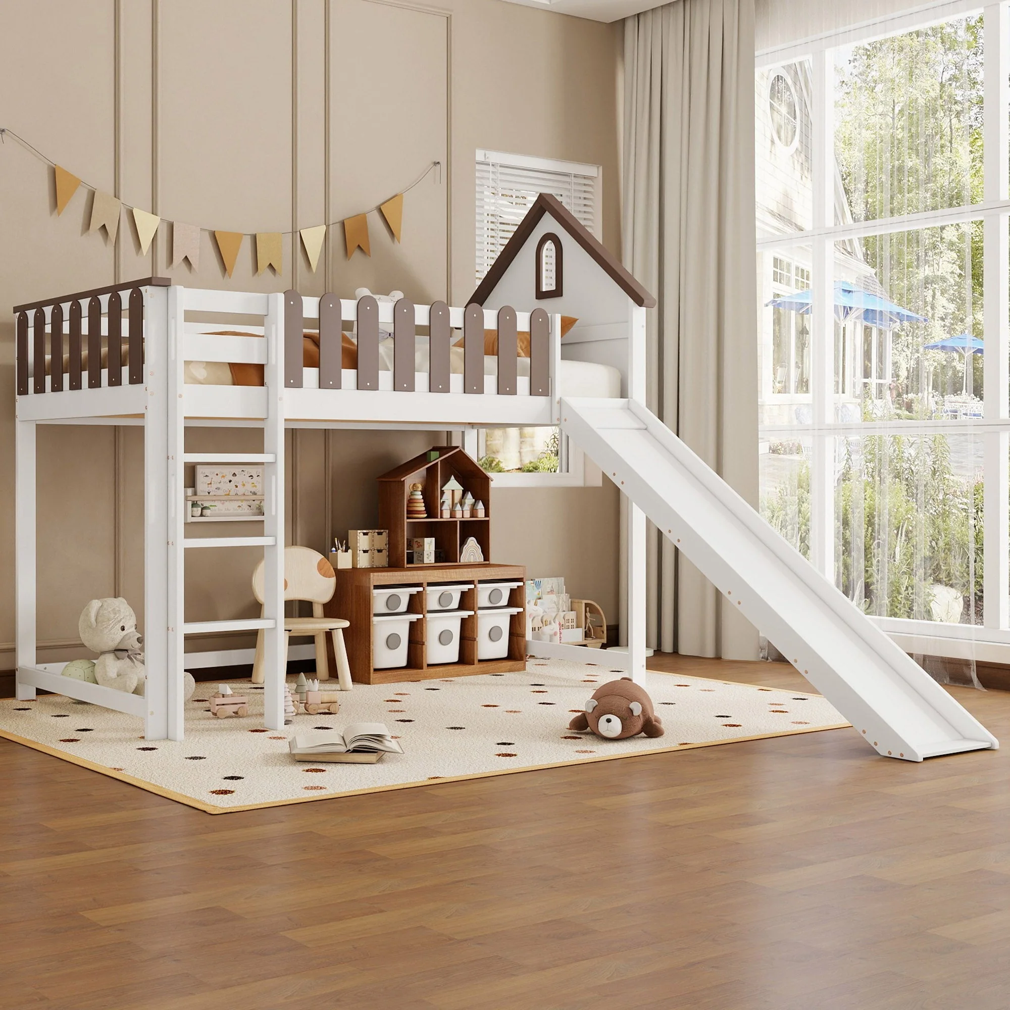 Loft Bed, Roof & Window, 3-Step Ladder, Slide, Pine+MDF, White+Walnut - Image 4