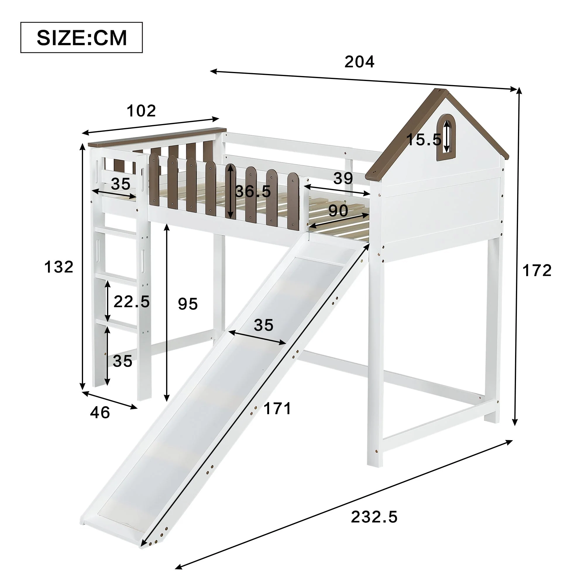 Loft Bed, Roof & Window, 3-Step Ladder, Slide, Pine+MDF, White+Walnut - Image 5