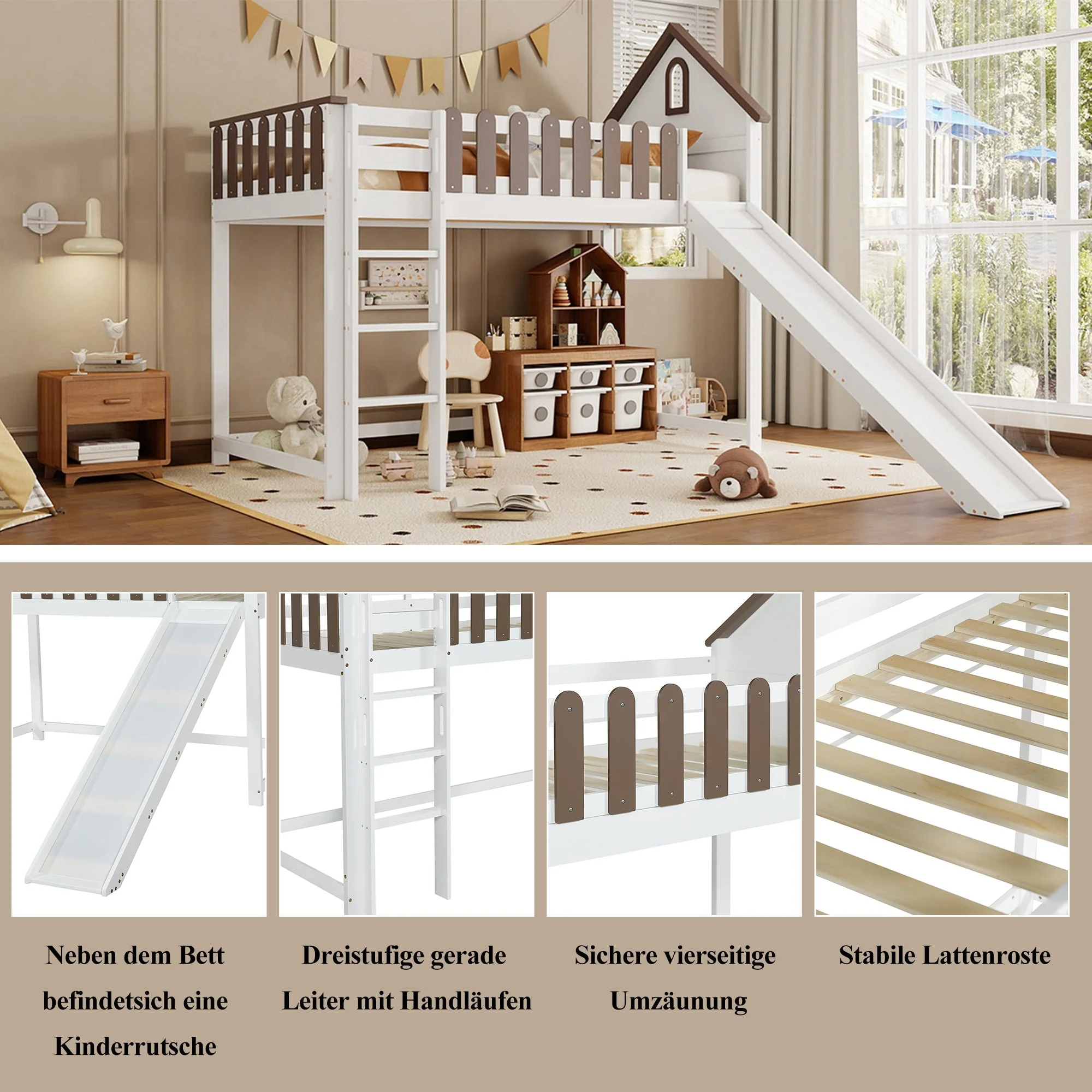 Loft Bed, Roof & Window, 3-Step Ladder, Slide, Pine+MDF, White+Walnut - Image 6