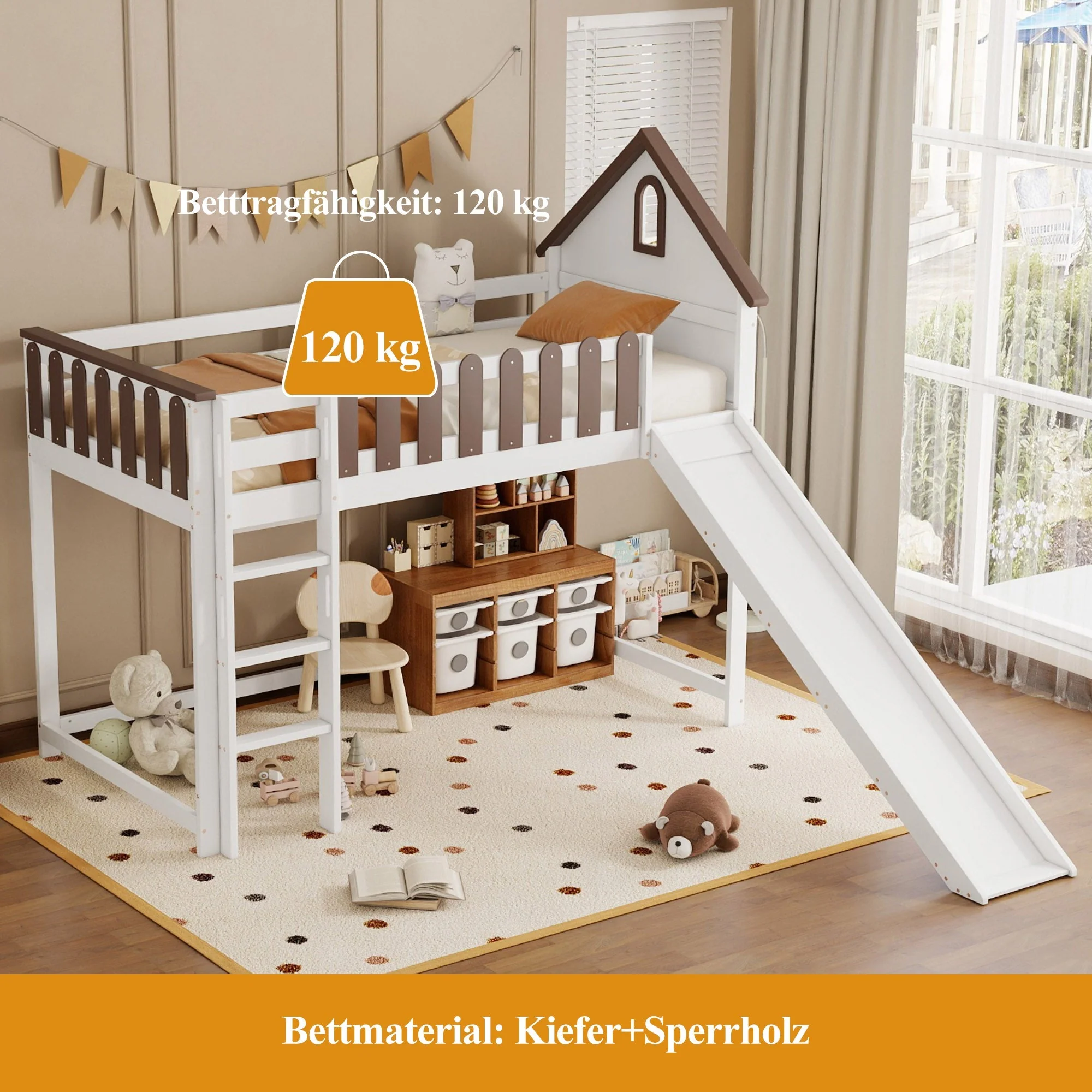 Loft Bed, Roof & Window, 3-Step Ladder, Slide, Pine+MDF, White+Walnut - Image 7