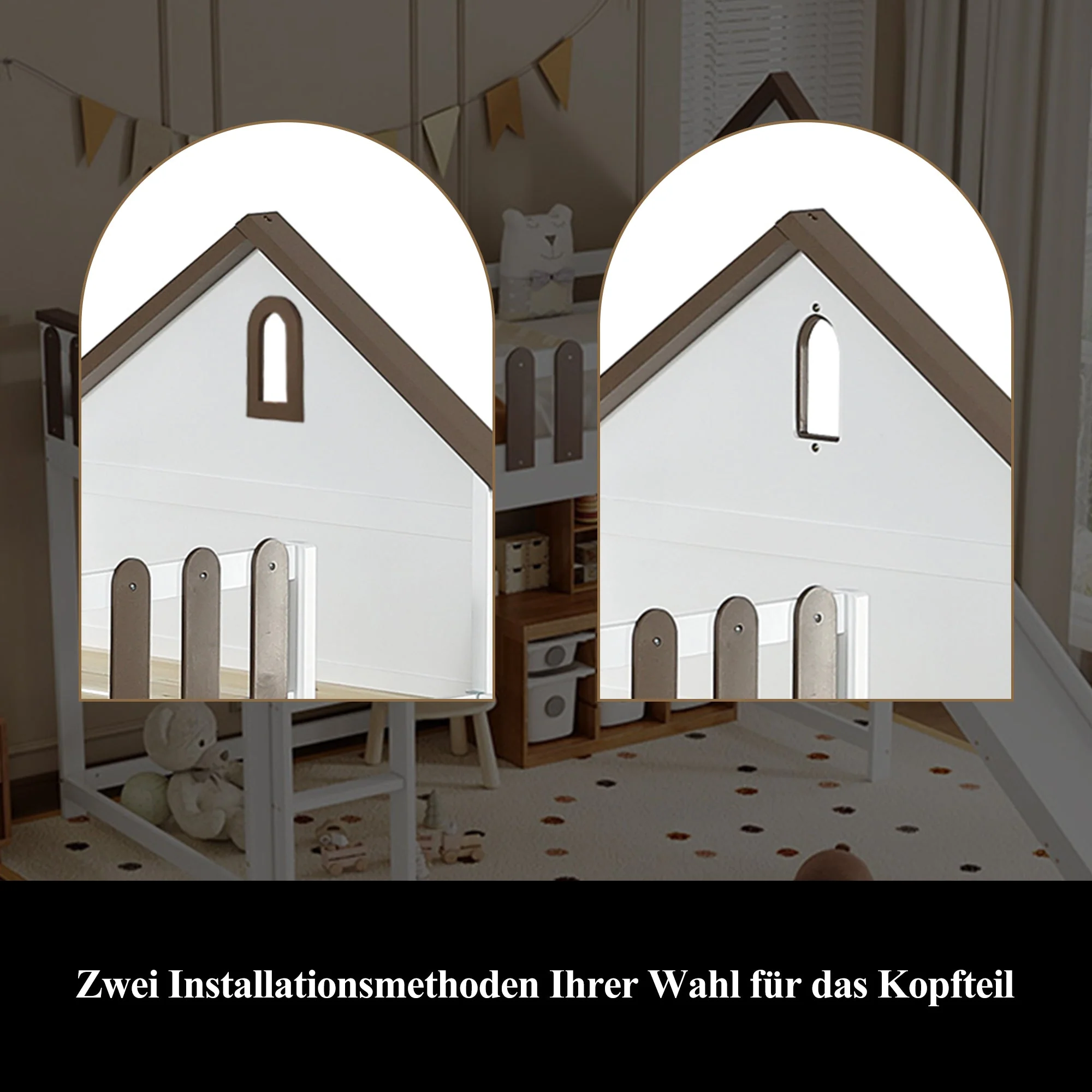 Loft Bed, Roof & Window, 3-Step Ladder, Slide, Pine+MDF, White+Walnut - Image 8
