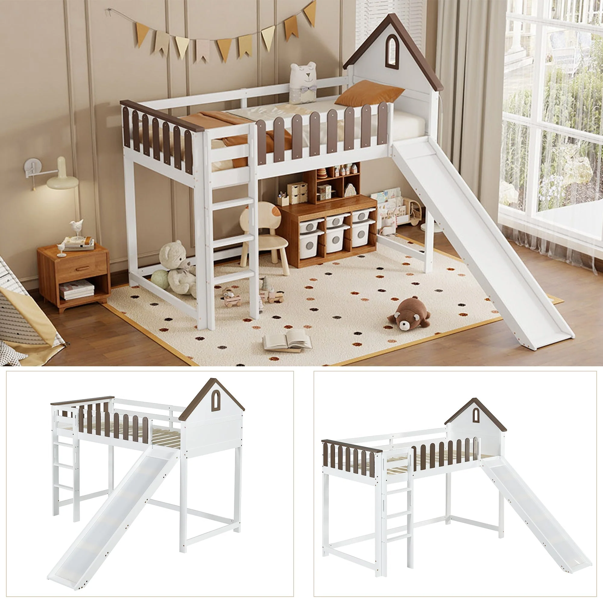 Loft Bed, Roof & Window, 3-Step Ladder, Slide, Pine+MDF, White+Walnut - Image 9
