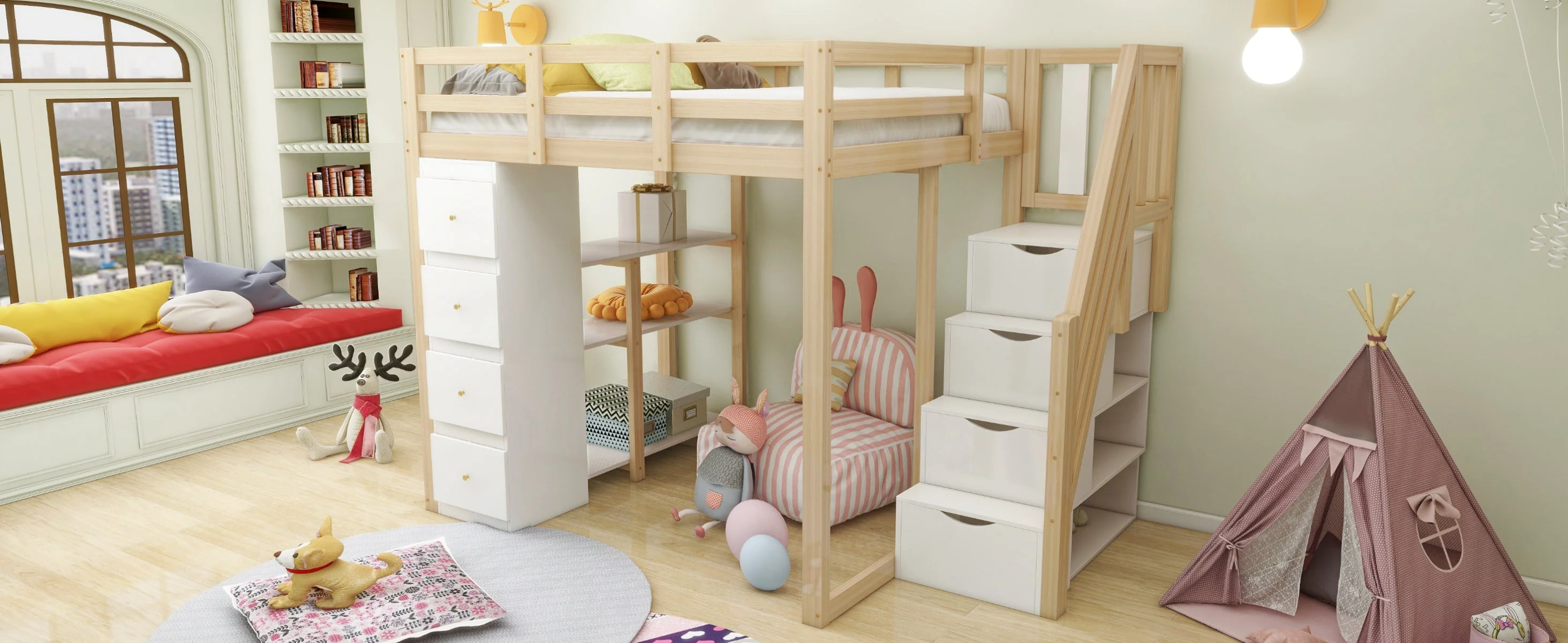 Loft Bed with 4 Drawers and Storage Stairs, 140x200 cm, White and Natural Wood - Image 7