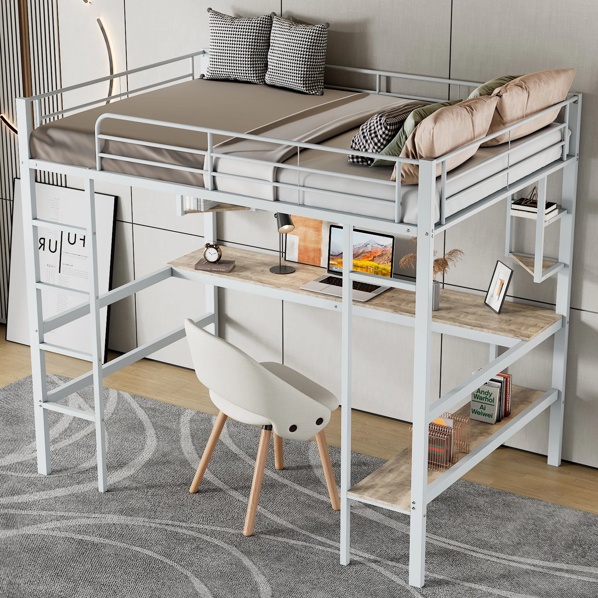 Loft Bed with Desk and Bookshelf, 90x200cm Metal Frame, White - Image 2