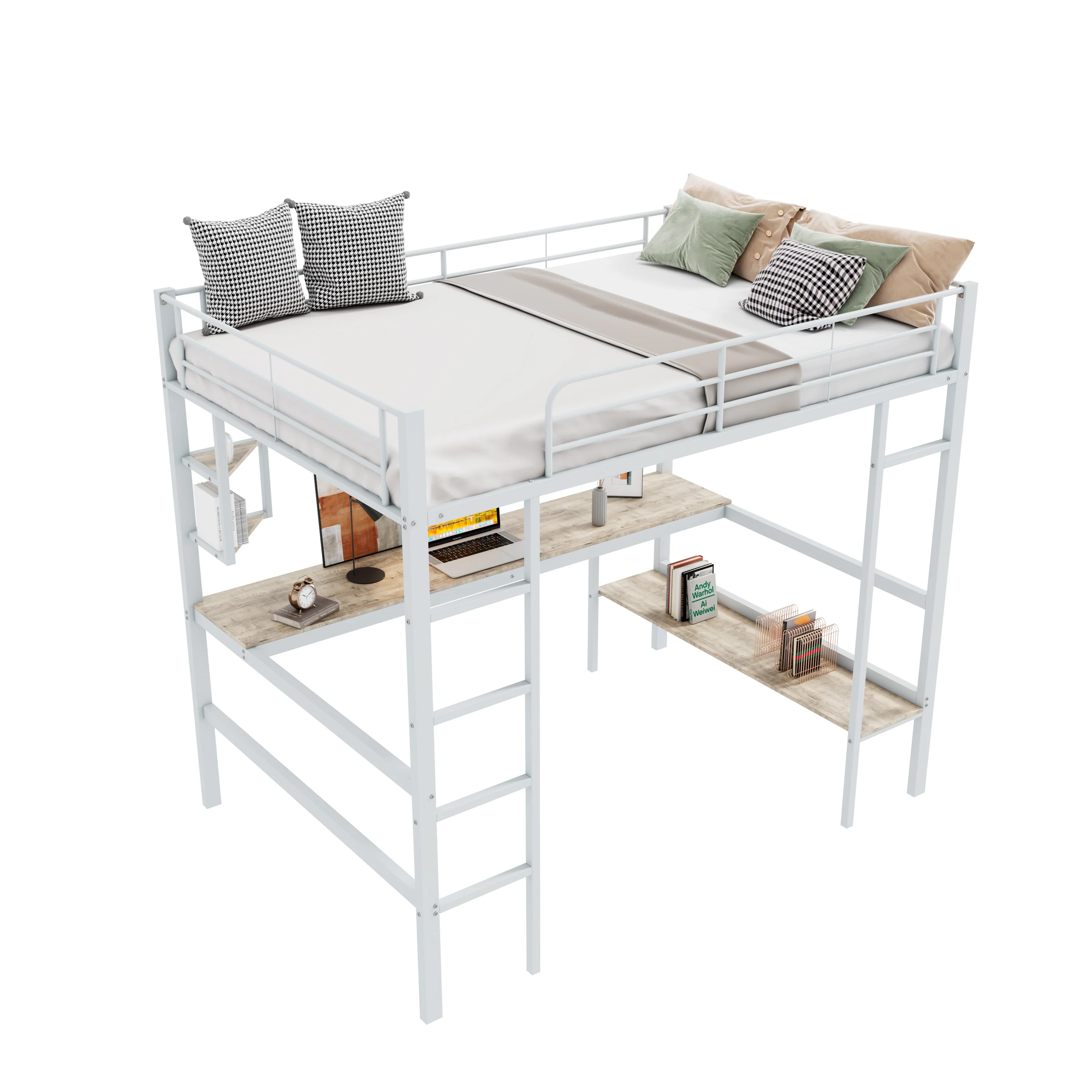 Loft Bed with Desk and Bookshelf, 90x200cm Metal Frame, White - Image 4