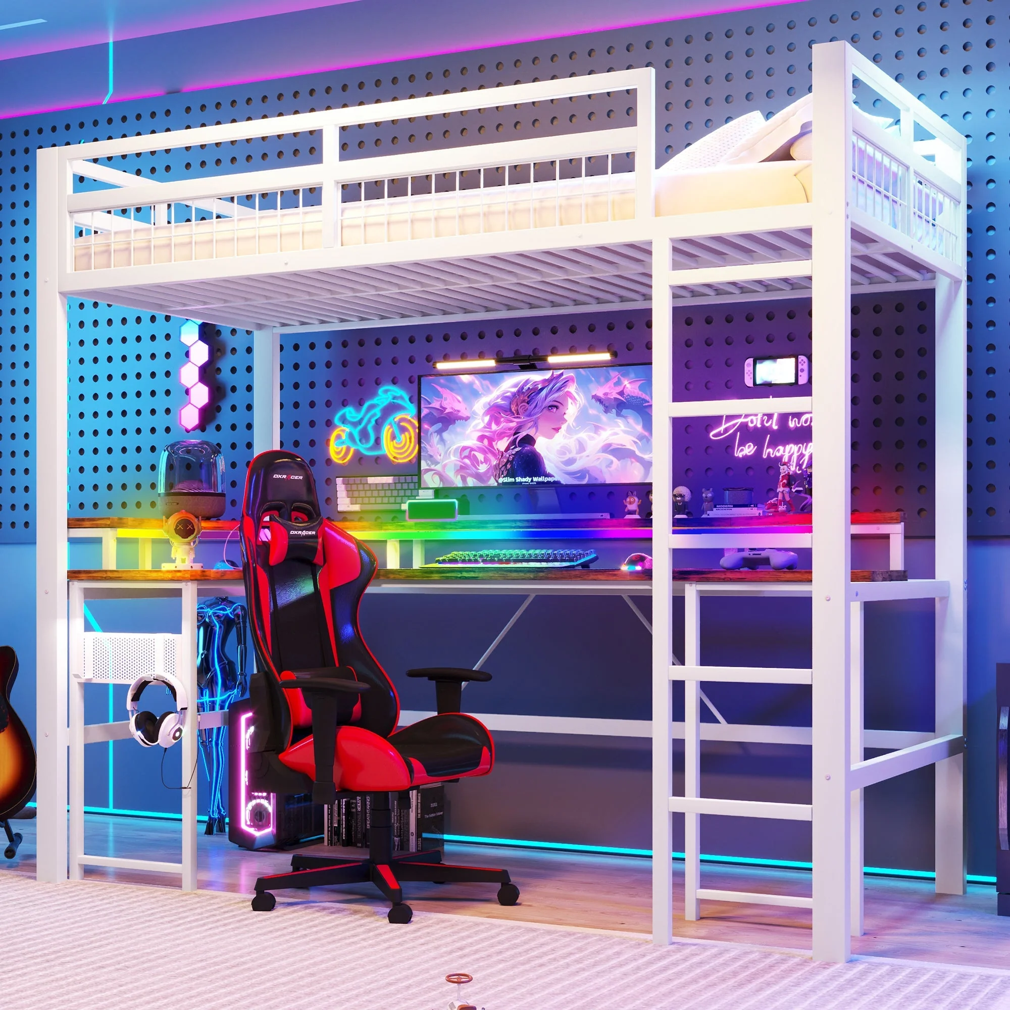 Loft Bed with Desk and LED Lights, USB Ports and Pegboard, White Iron Frame