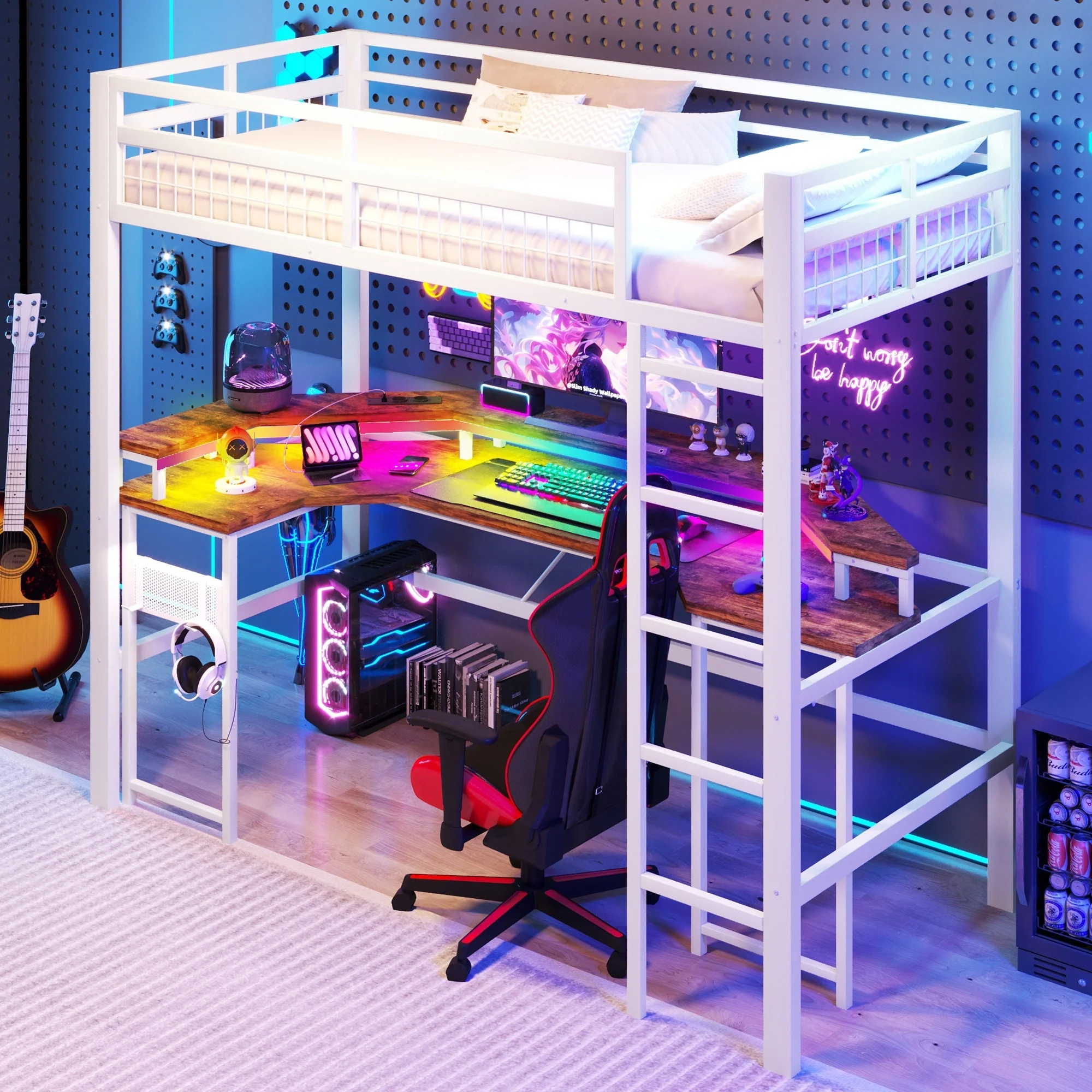 Loft Bed with Desk and LED Lights, USB Ports and Pegboard, White Iron Frame - Image 3