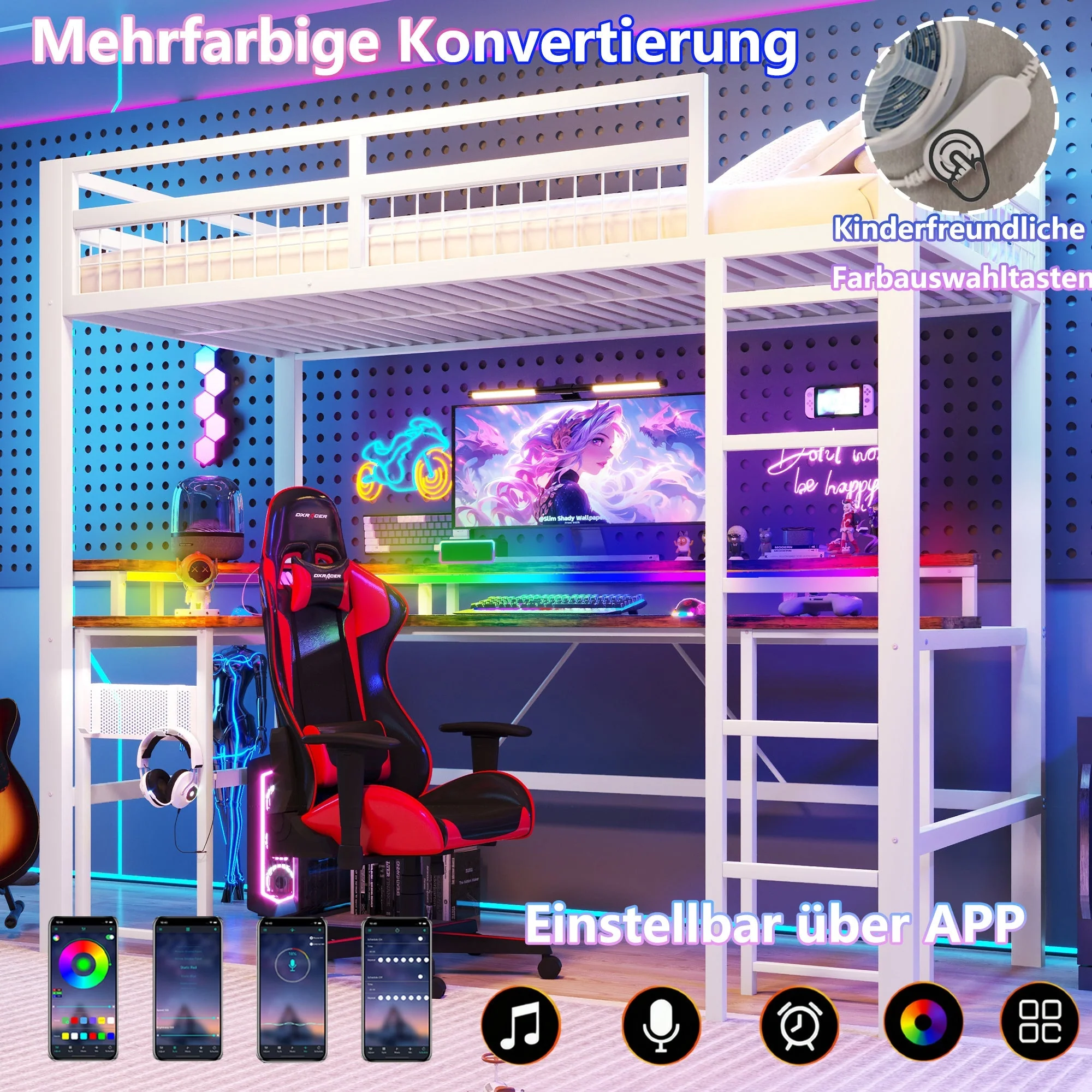 Loft Bed with Desk and LED Lights, USB Ports and Pegboard, White Iron Frame - Image 5