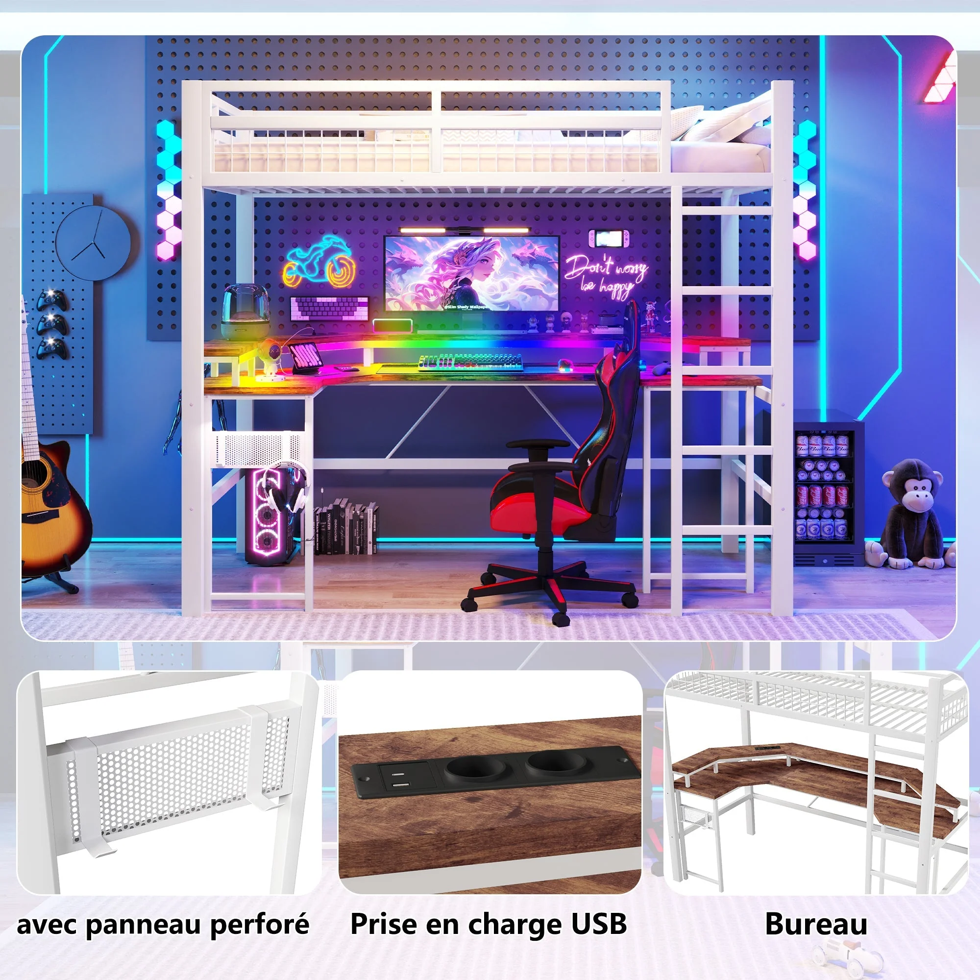 Loft Bed with Desk and LED Lights, USB Ports and Pegboard, White Iron Frame - Image 7