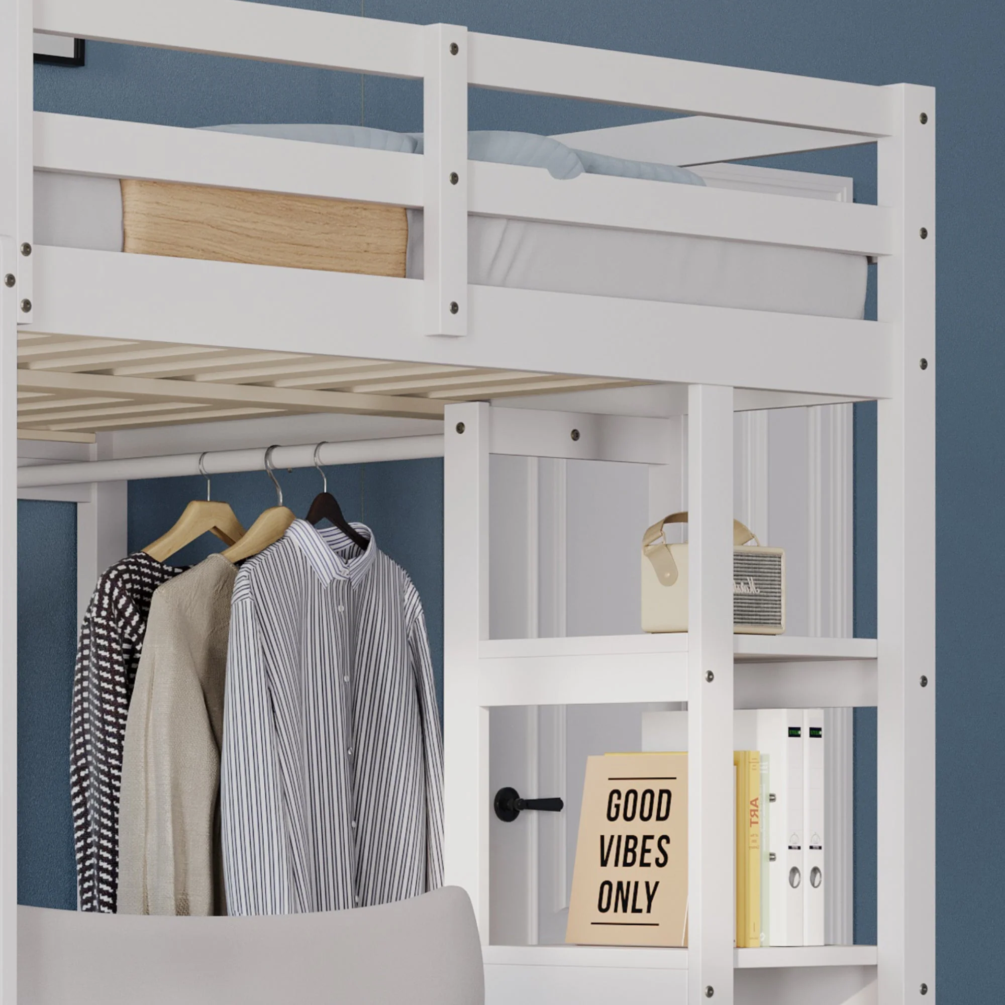Loft Bed with Desk and Shelves, Solid Wood White and Grey - Image 5