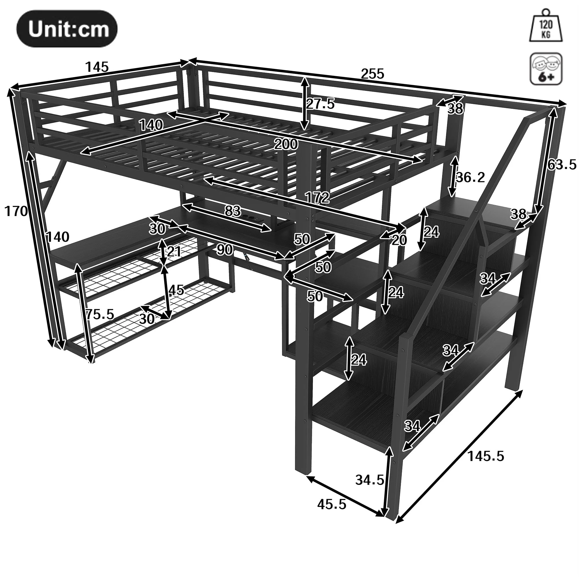 Loft Bed with Desk, LED Light Strip and Storage Staircase, 140 x 200 cm, Black Iron Frame - Image 8
