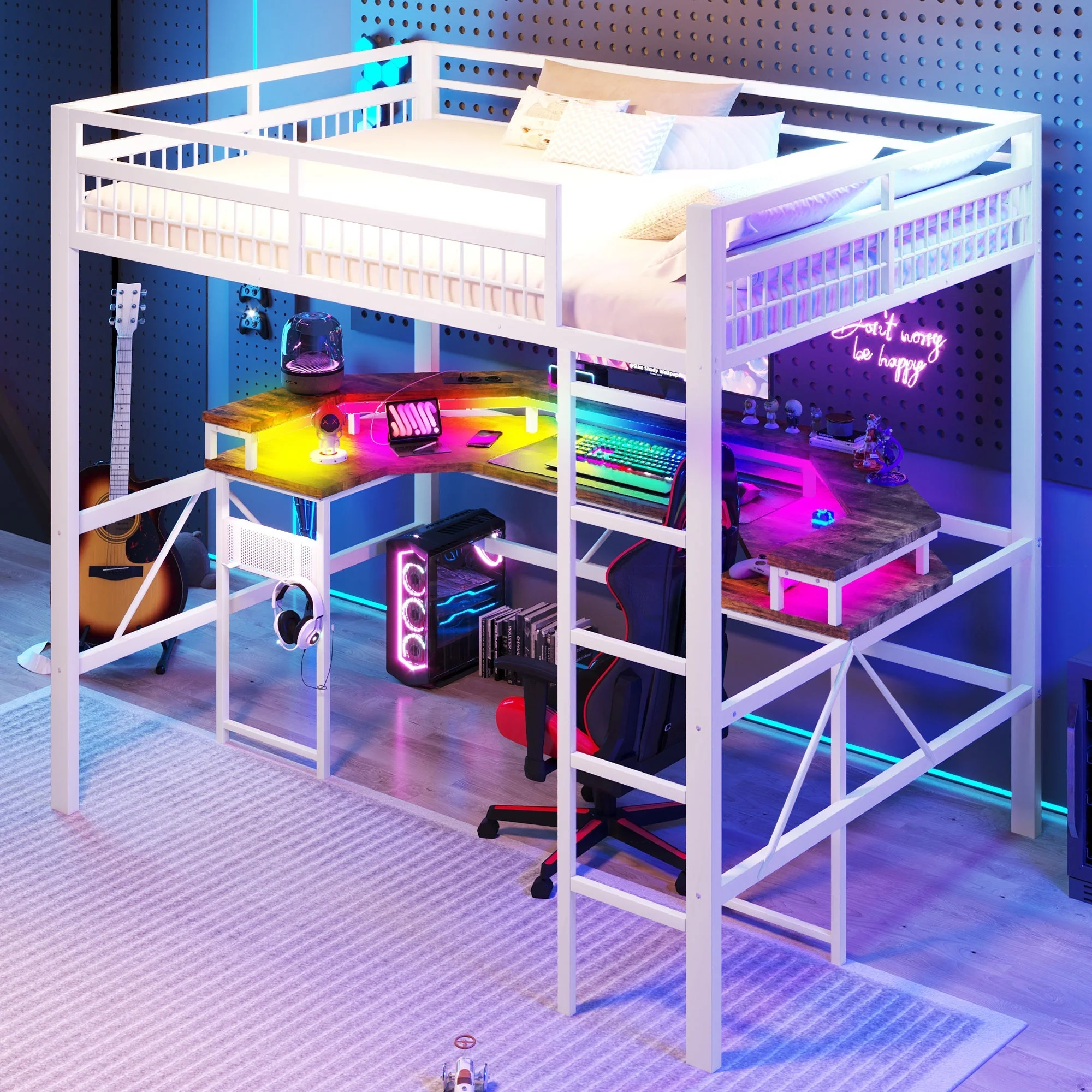 Loft Bed with Desk, LED Light Strip, USB Ports and Pegboard, White Metal Frame - Image 6