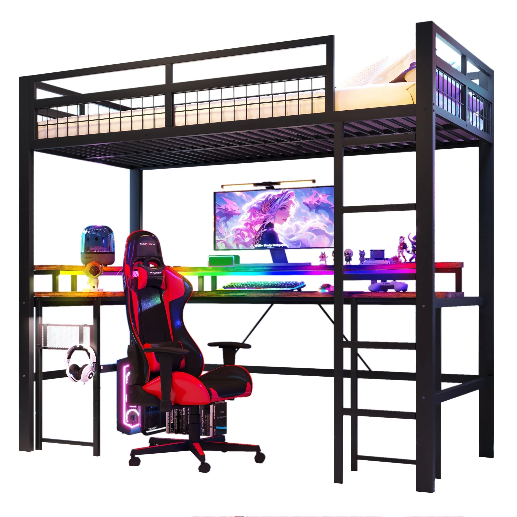Loft Bed with Desk, LED Lights and Charging Ports, 90x200 cm, Black Iron - Image 9