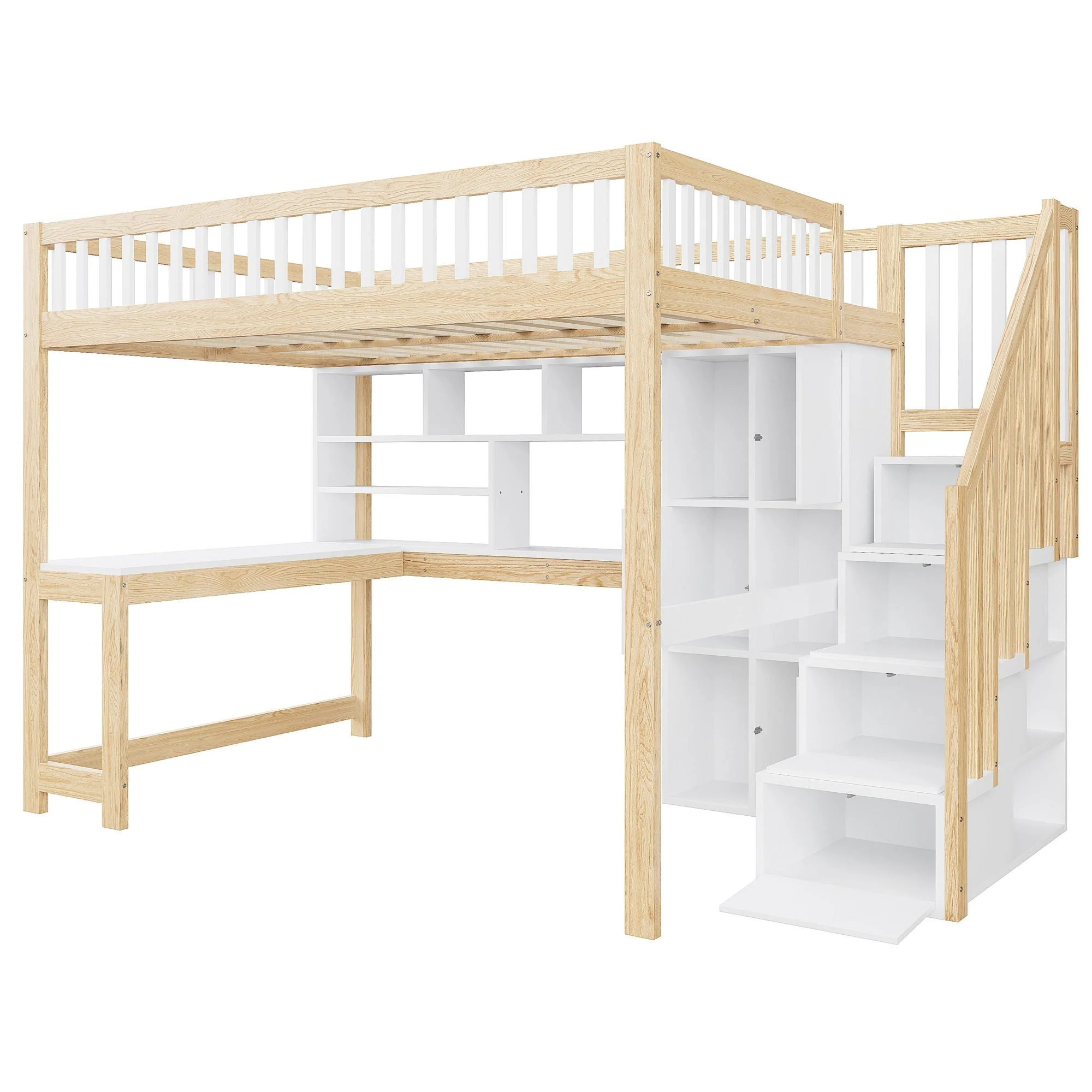 Loft Bed with Desk, LED Lights and Storage Shelves, 140x200cm, White and Natural - Image 10