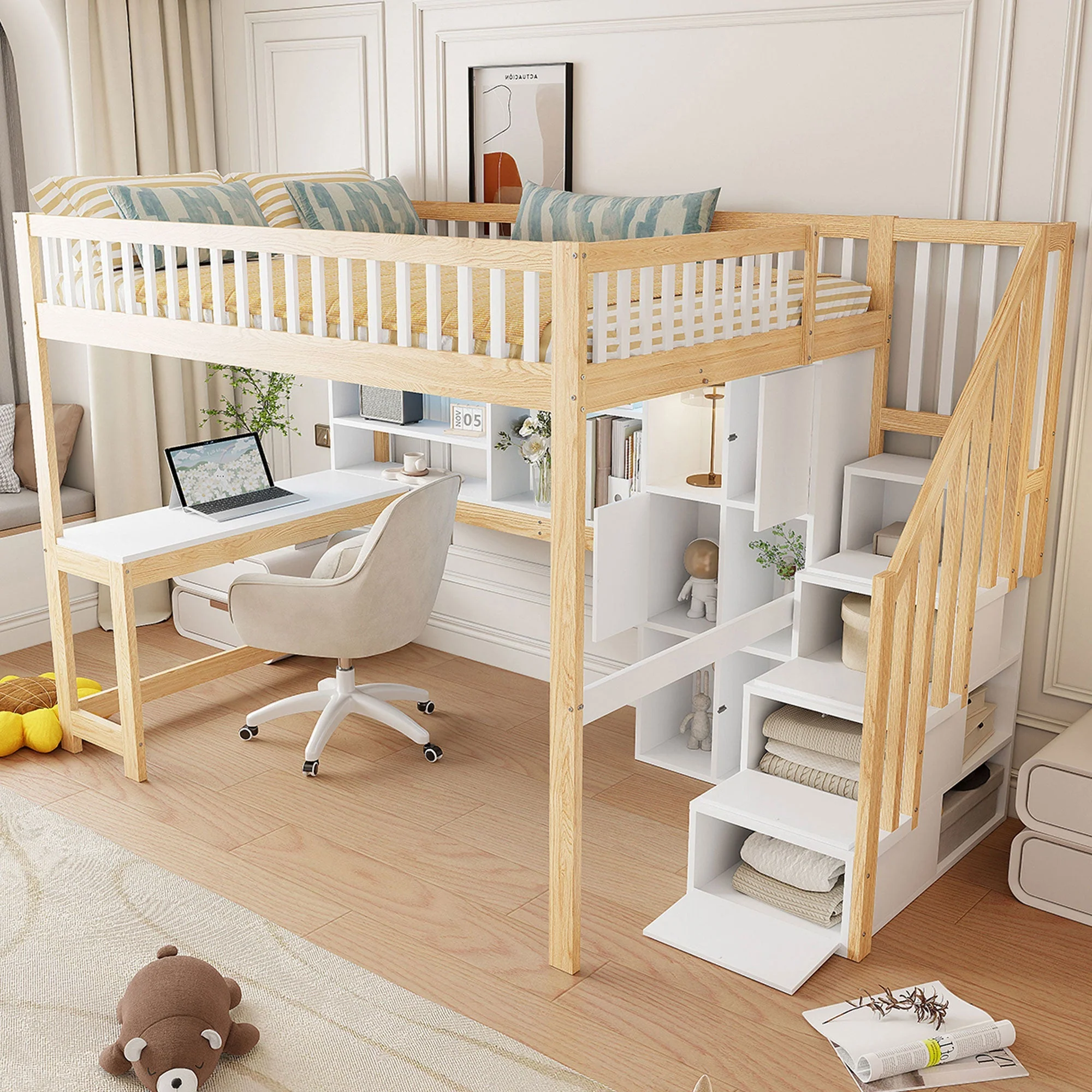 Loft Bed with Desk, LED Lights and Storage Shelves, 140x200cm, White and Natural - Image 3