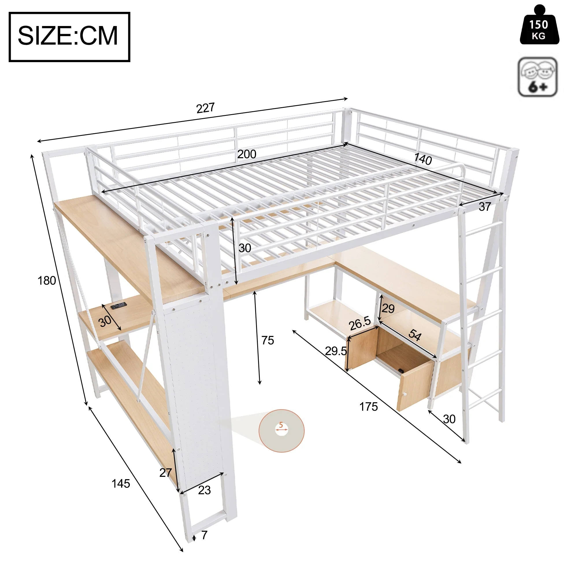 Loft Bed with Desk, LED Lights, Storage and USB Port, 140 x 200 cm, White Iron Frame - Image 10