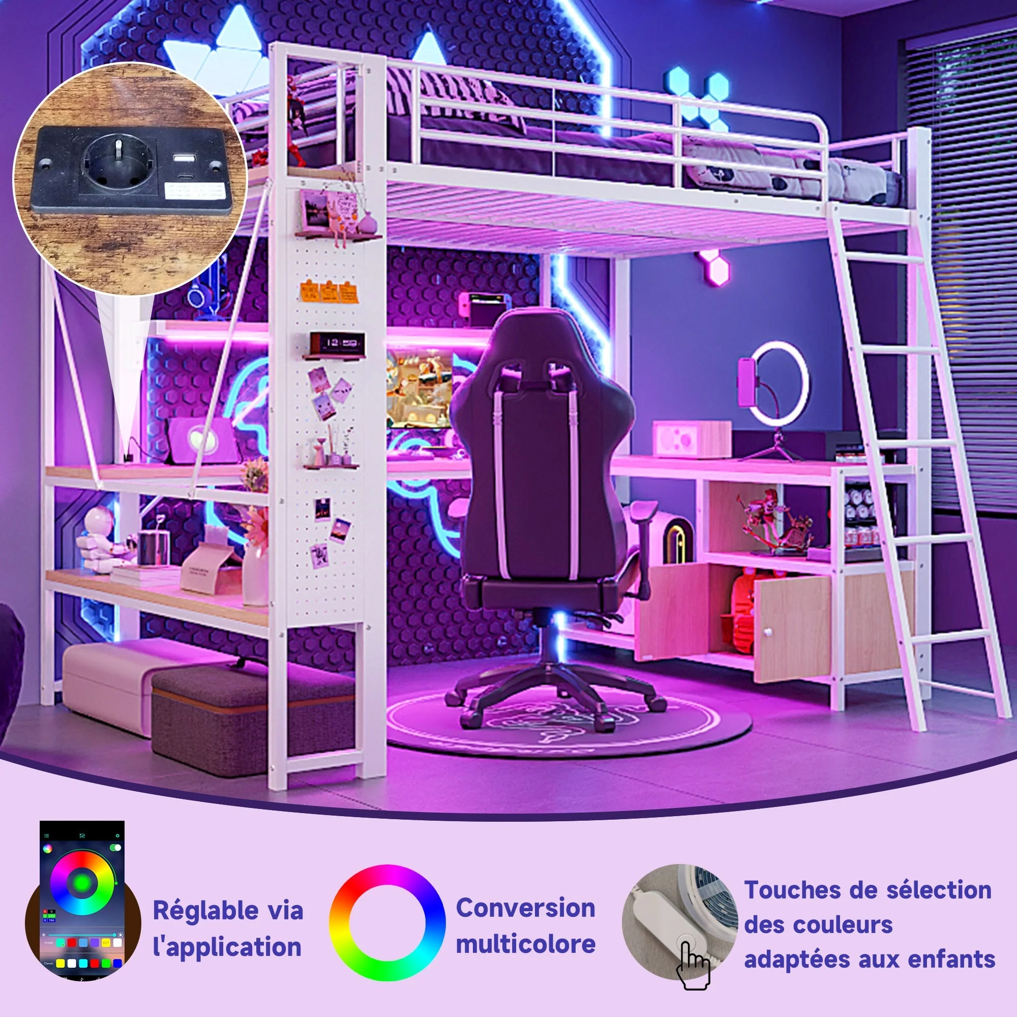 Loft Bed with Desk, LED Lights, Storage and USB Port, 140 x 200 cm, White Iron Frame - Image 3