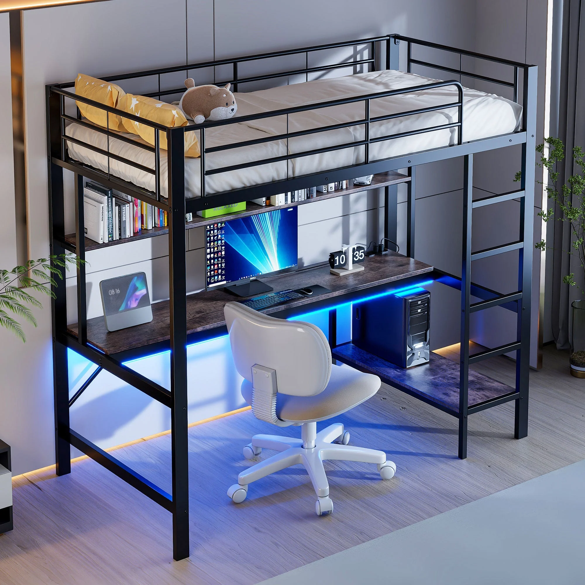 Loft Bed with Desk, LED Lights, USB and Power Outlet, Black Metal - Image 4