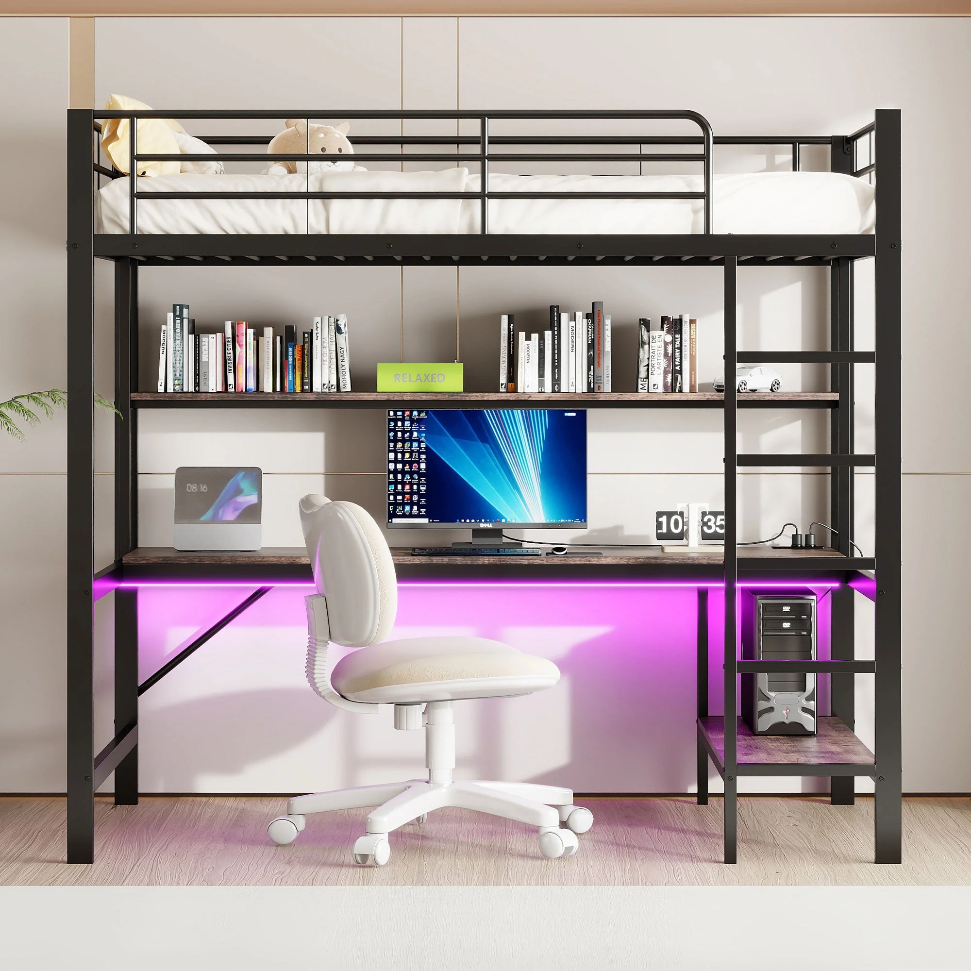Loft Bed with Desk, LED Lights, USB and Power Outlet, Black Metal - Image 5