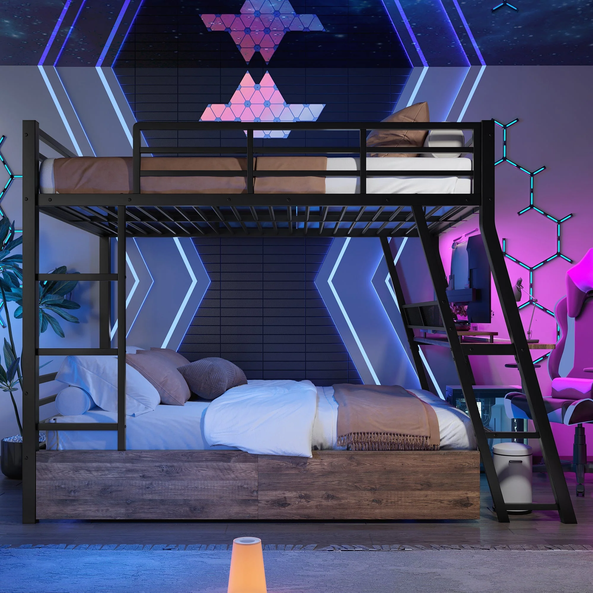 Loft Bed with Desk, LED Strip and Storage Drawers, Black Iron Frame - Image 5