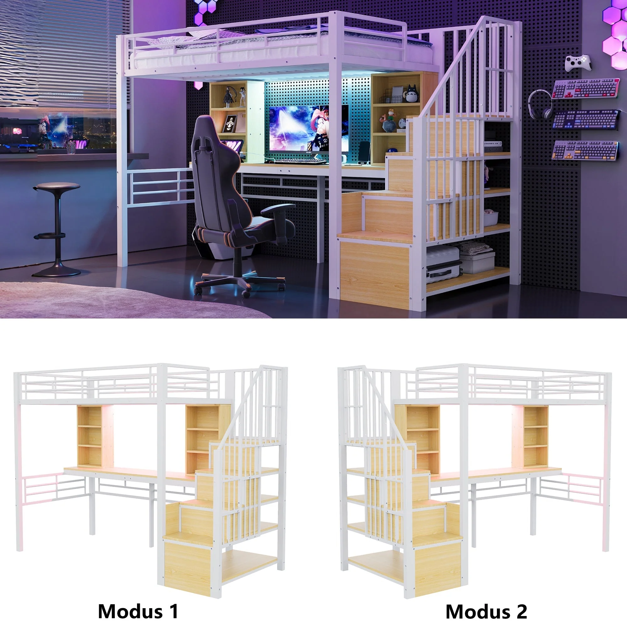 Loft Bed with Desk, Shelf, LED Lighting and Storage Stairs, 90x200cm, White Iron Frame - Image 4