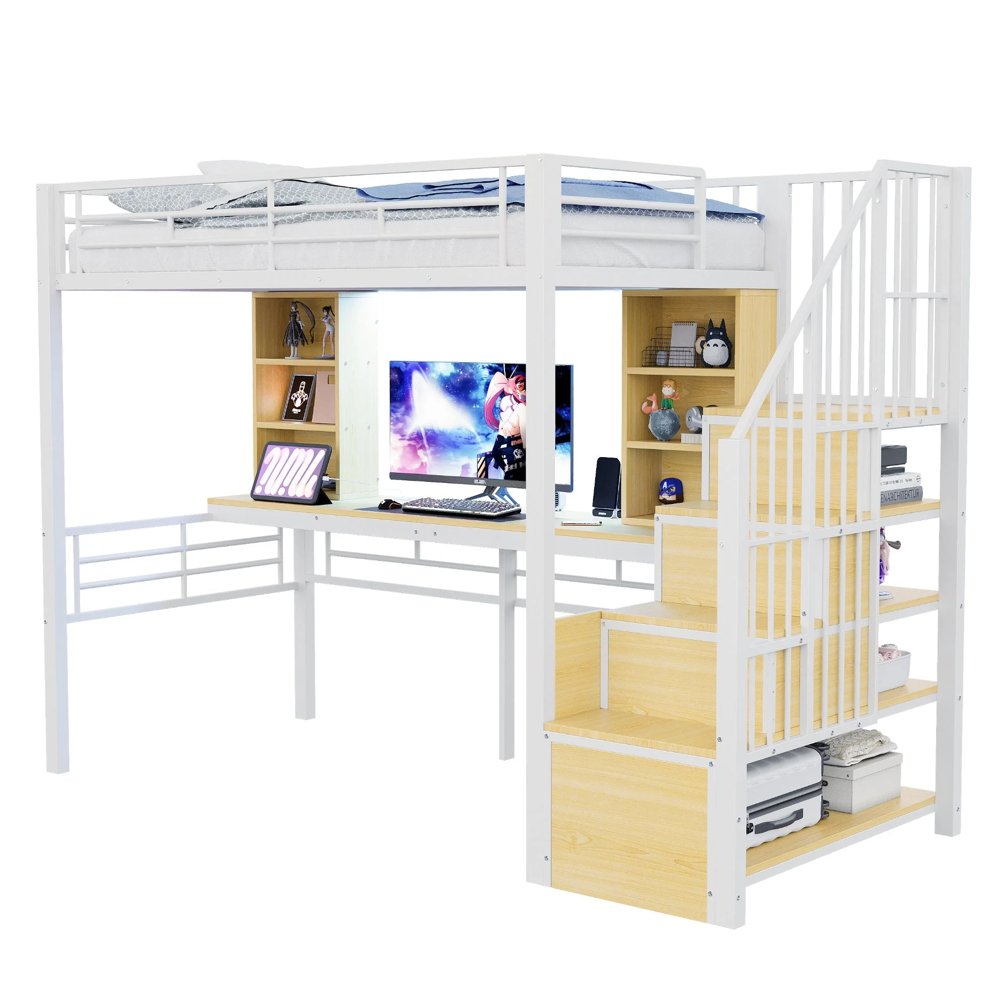 Loft Bed with Desk, Shelf, LED Lighting and Storage Stairs, 90x200cm, White Iron Frame - Image 9
