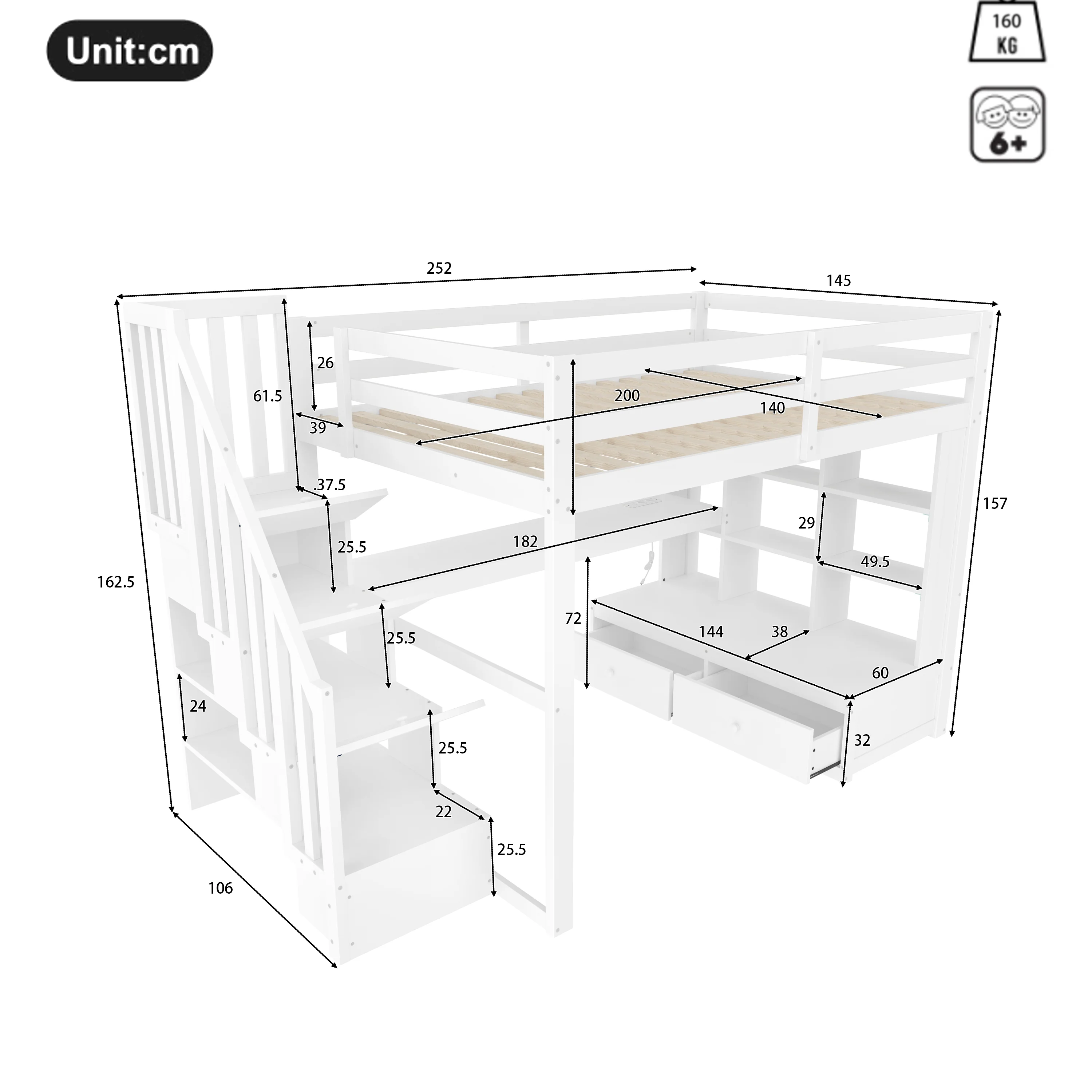 Loft Bed with Desk, Shelves, Drawers and Storage Stairs, 140x200cm, White - Image 5