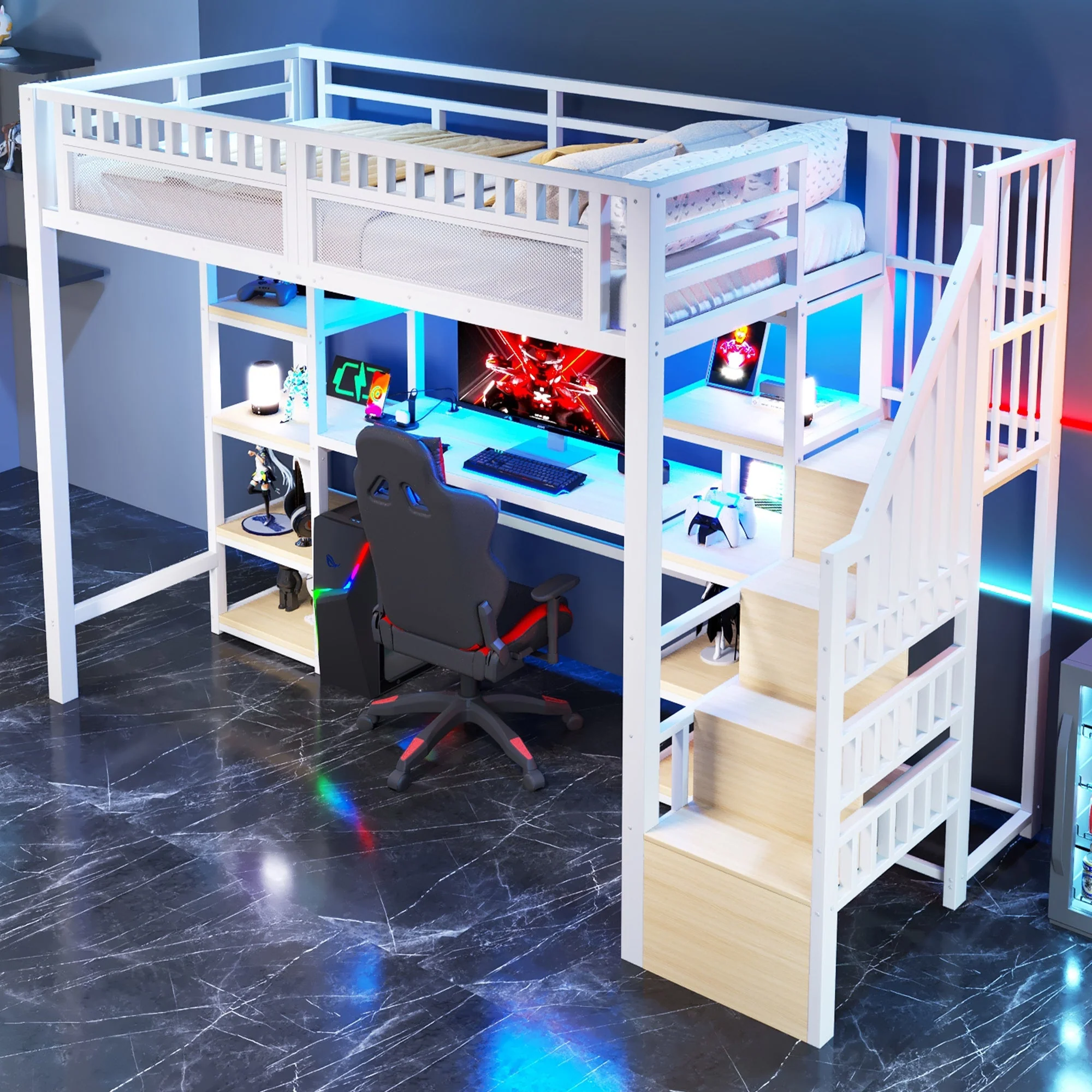 Loft Bed with Desk, Storage Ladder and LED Light Strip, White Metal Frame - Image 4