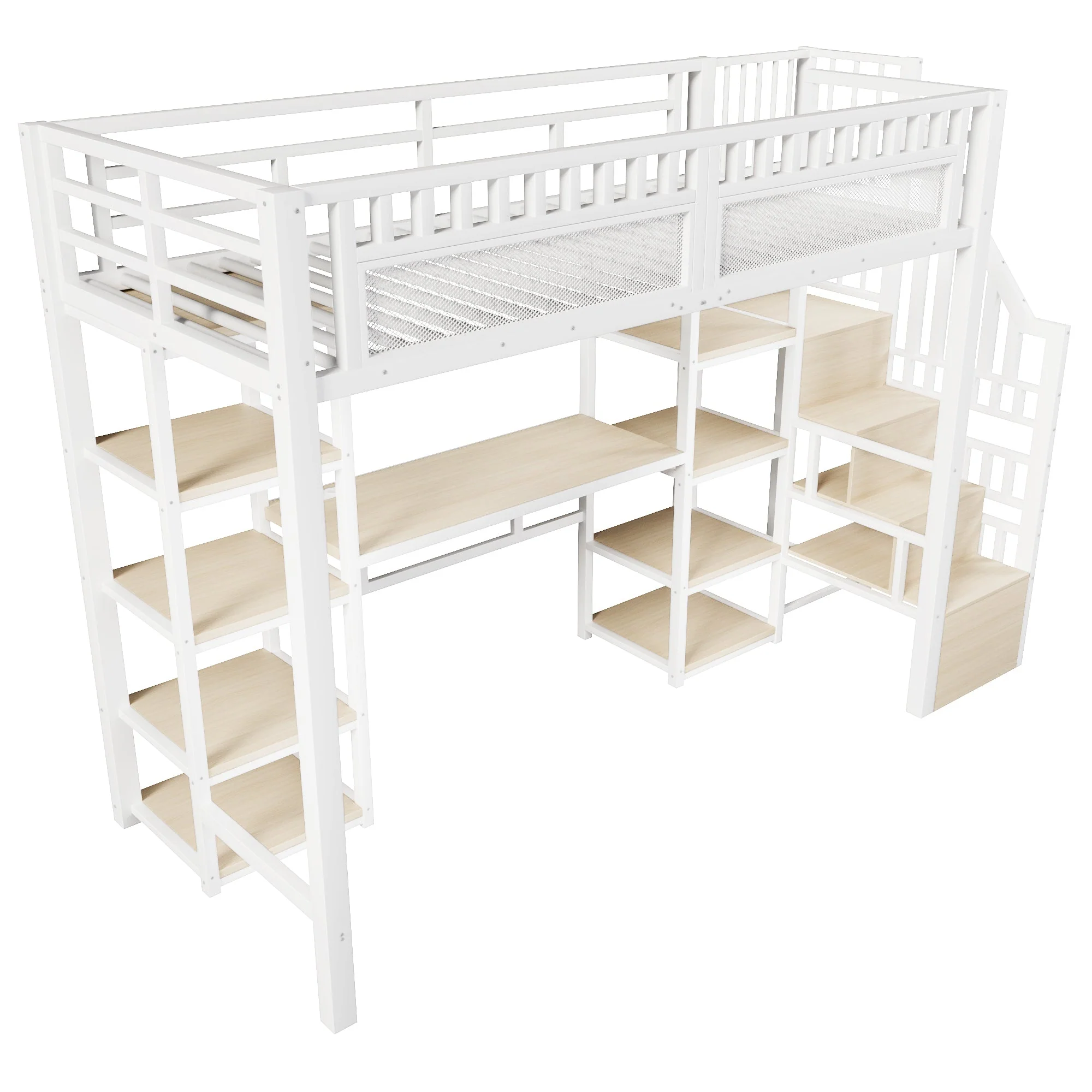 Loft Bed with Desk, Storage Ladder and LED Light Strip, White Metal Frame - Image 9