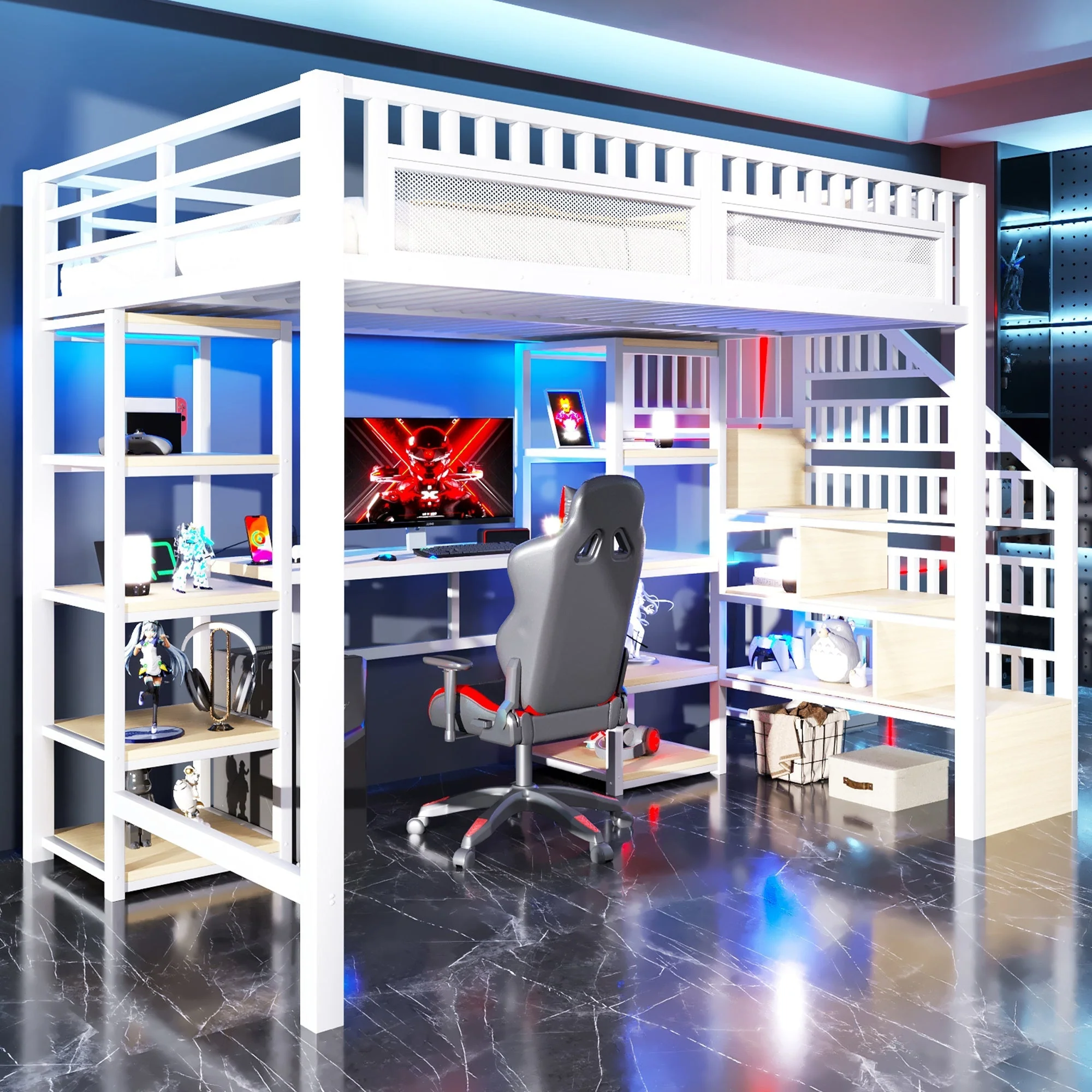 Loft Bed with Desk, Storage Ladder, LED Lights and USB Port, White Metal and MDF