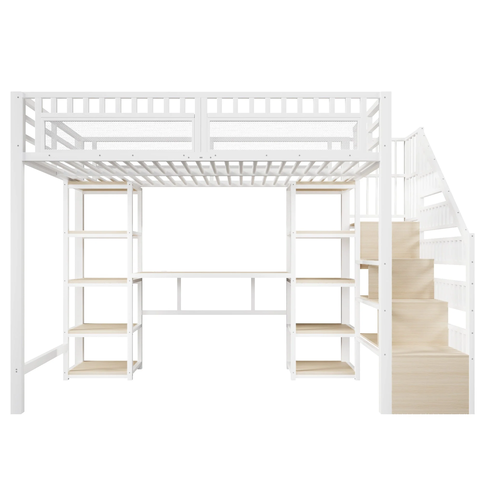 Loft Bed with Desk, Storage Ladder, LED Lights and USB Port, White Metal and MDF - Image 10