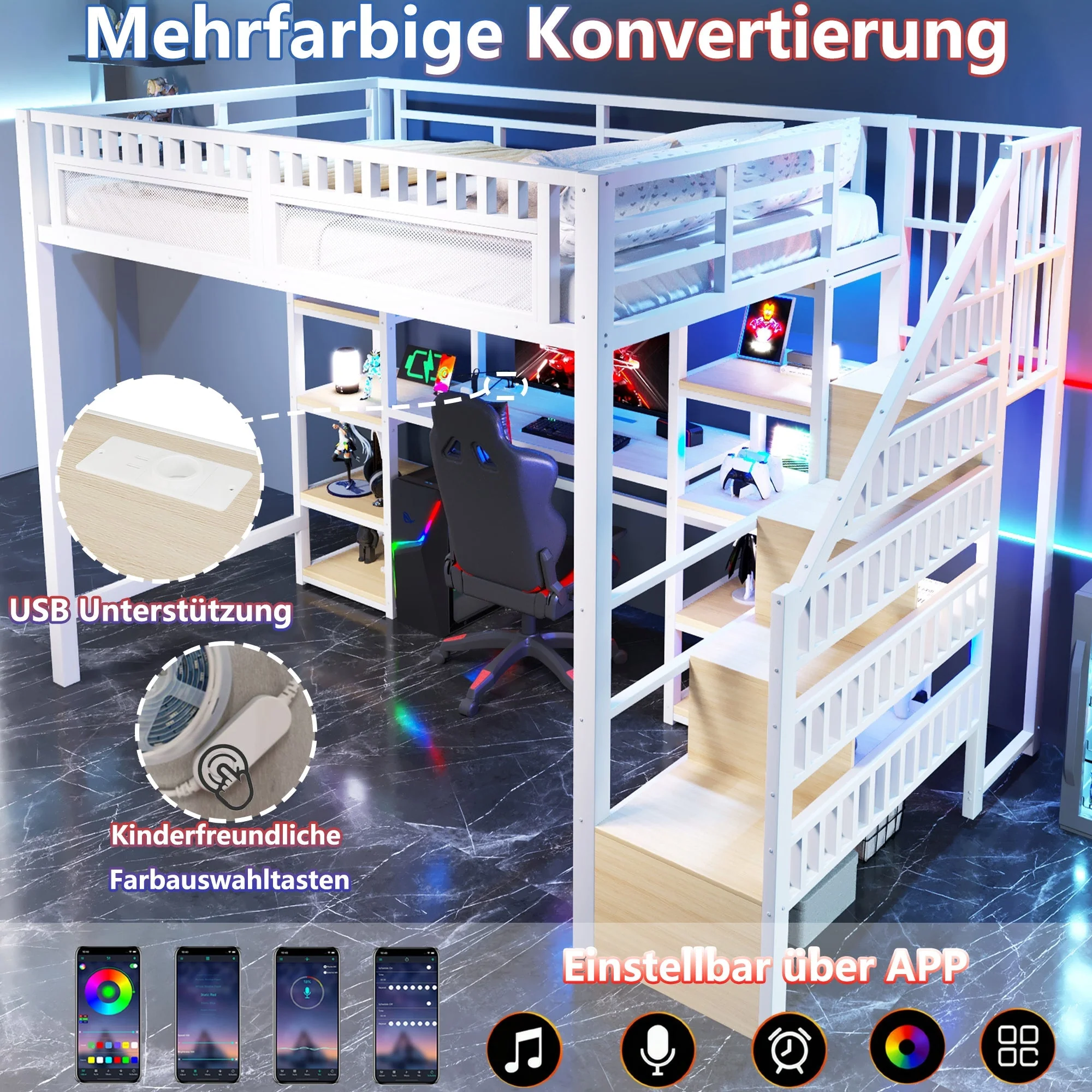Loft Bed with Desk, Storage Ladder, LED Lights and USB Port, White Metal and MDF - Image 2