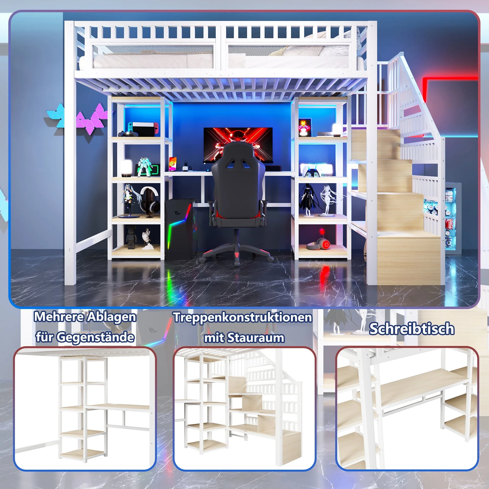 Loft Bed with Desk, Storage Ladder, LED Lights and USB Port, White Metal and MDF - Image 3